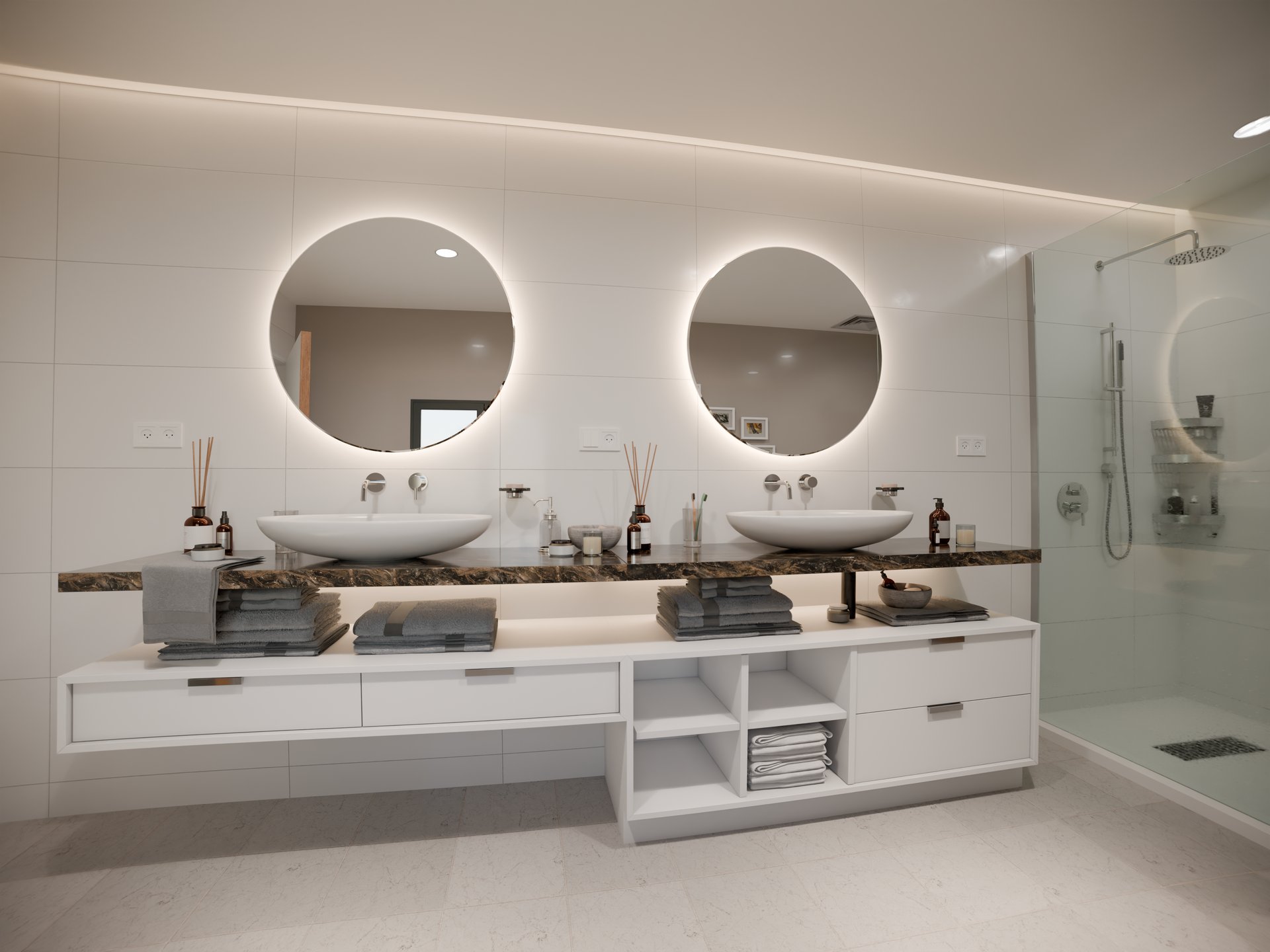 Salle de bain moderne avec plan de travail stratifié sur mesure Sofema.