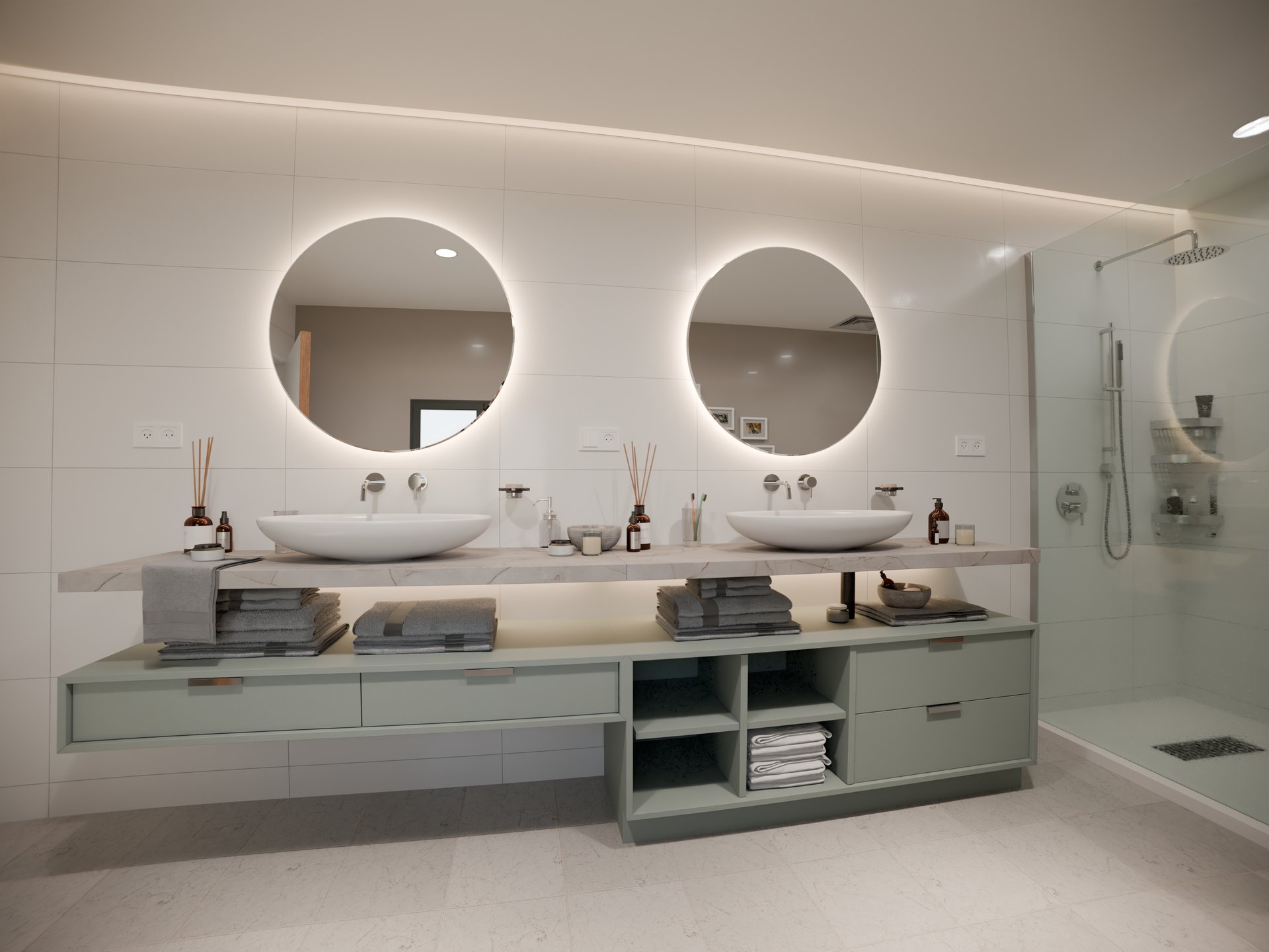 Salle de bain moderne avec éléments Sofema; fabricant de plan de travail.