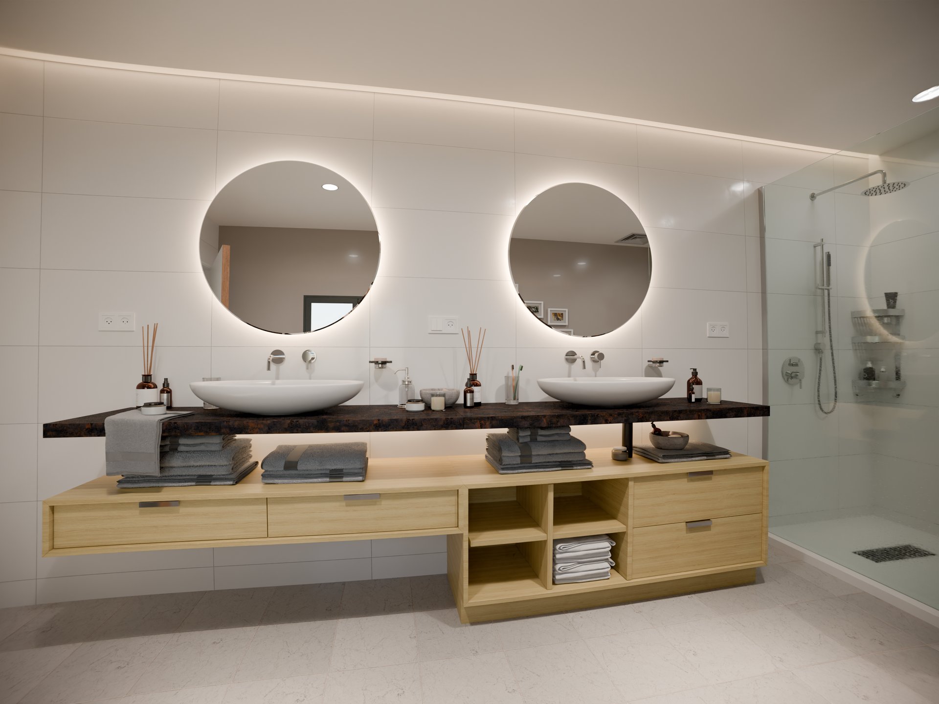 Salle de bains avec plan de travail stratifié sur mesure par Sofema.