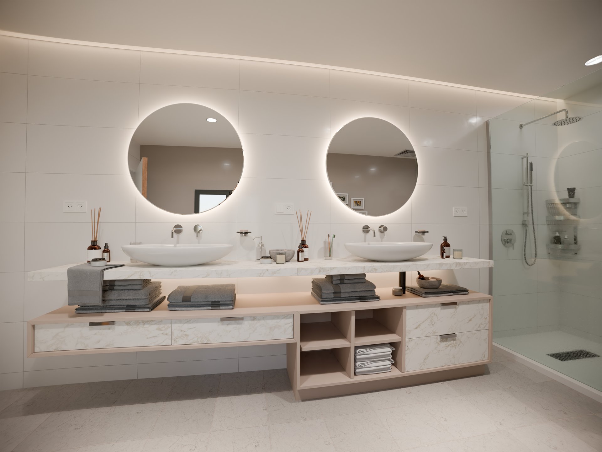 Salle de bain moderne avec meuble en marbre, fabriqué par Sofema sur mesure.