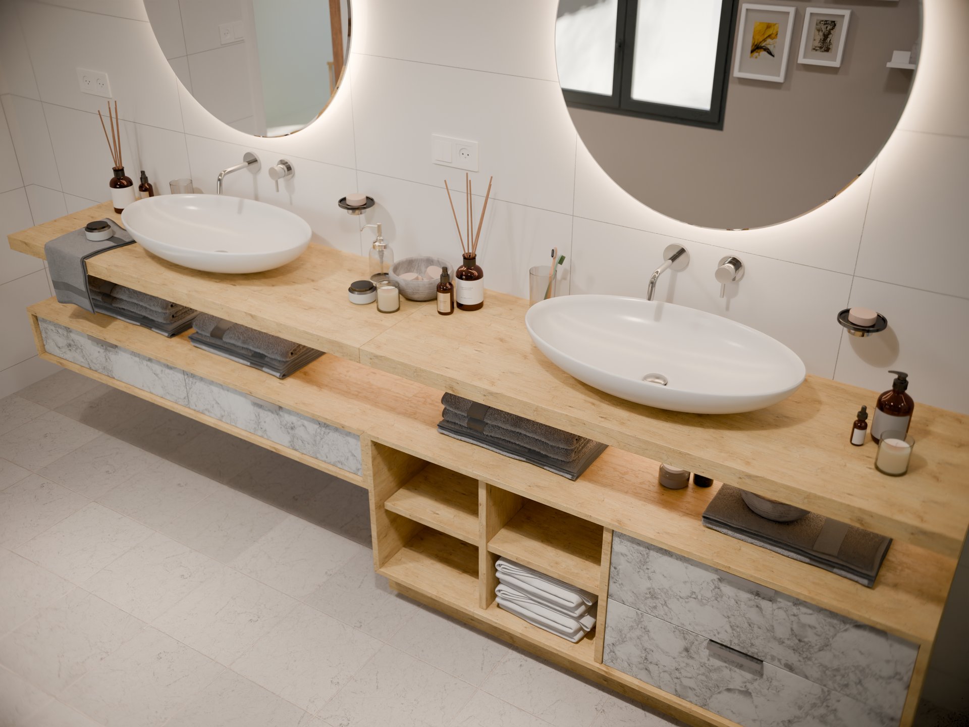 Plan de travail stratifié sur mesure Sofema pour double vasque salle de bain