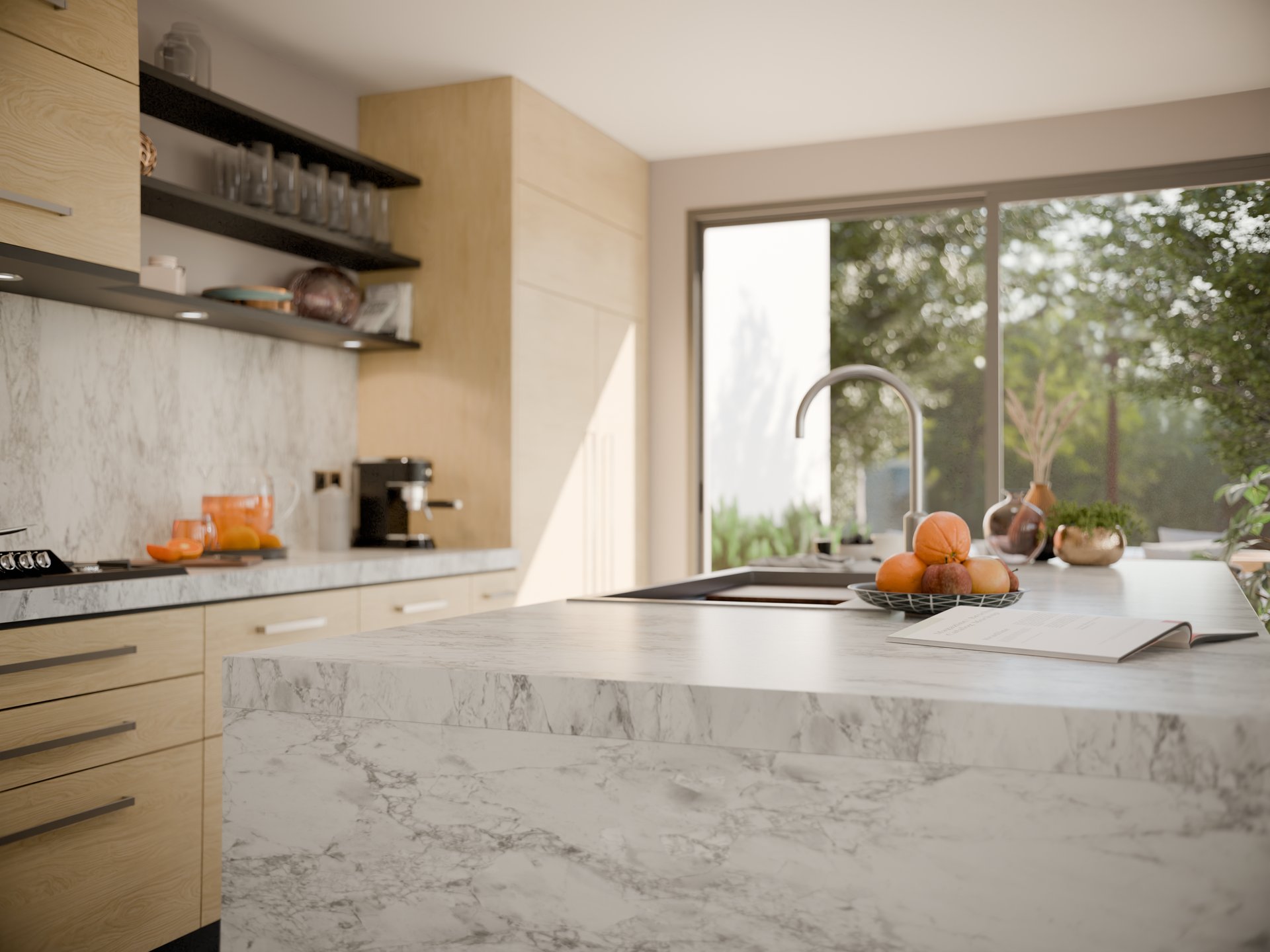 Plan de travail stratifié sur mesure dans une cuisine moderne avec évier intégré