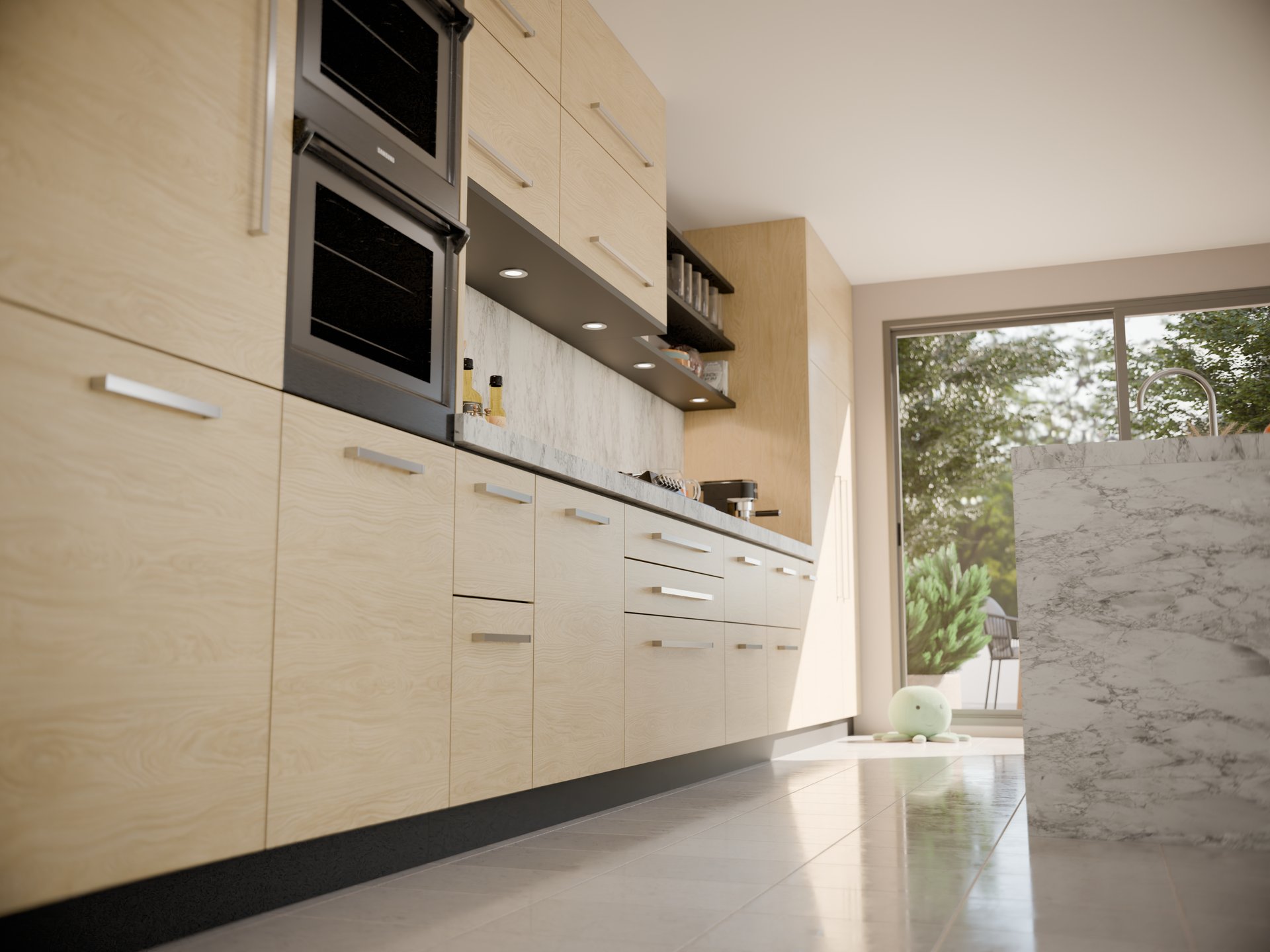 Cuisine moderne avec plan de travail stratifié sur mesure Sofema et armoires en