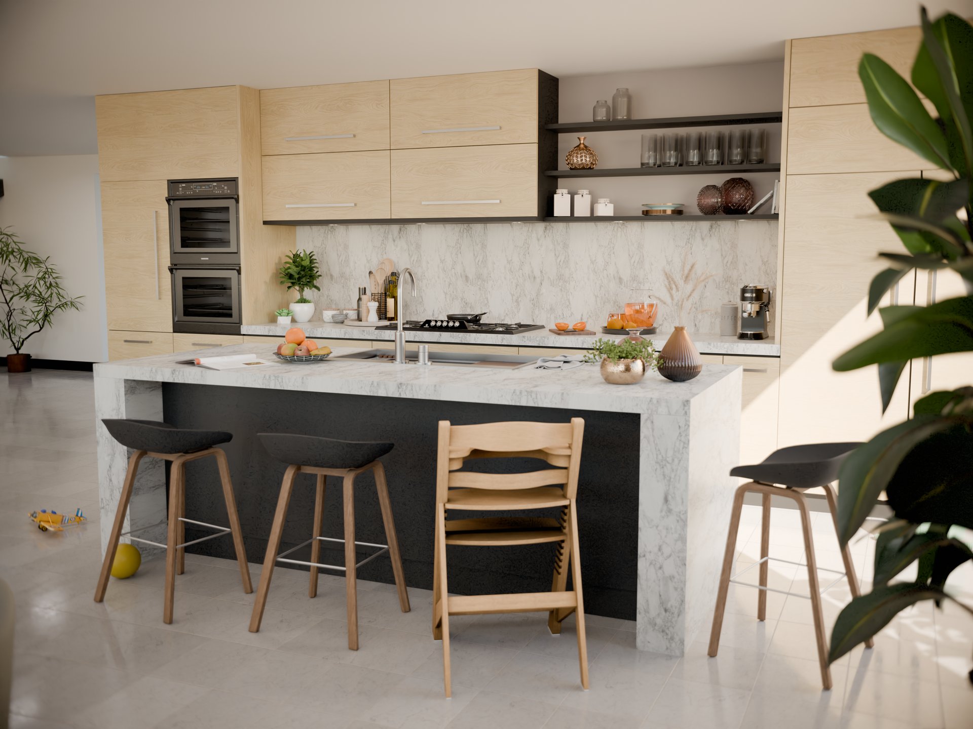 Cuisine moderne avec plan de travail stratifié sur mesure Sofema, îlot central