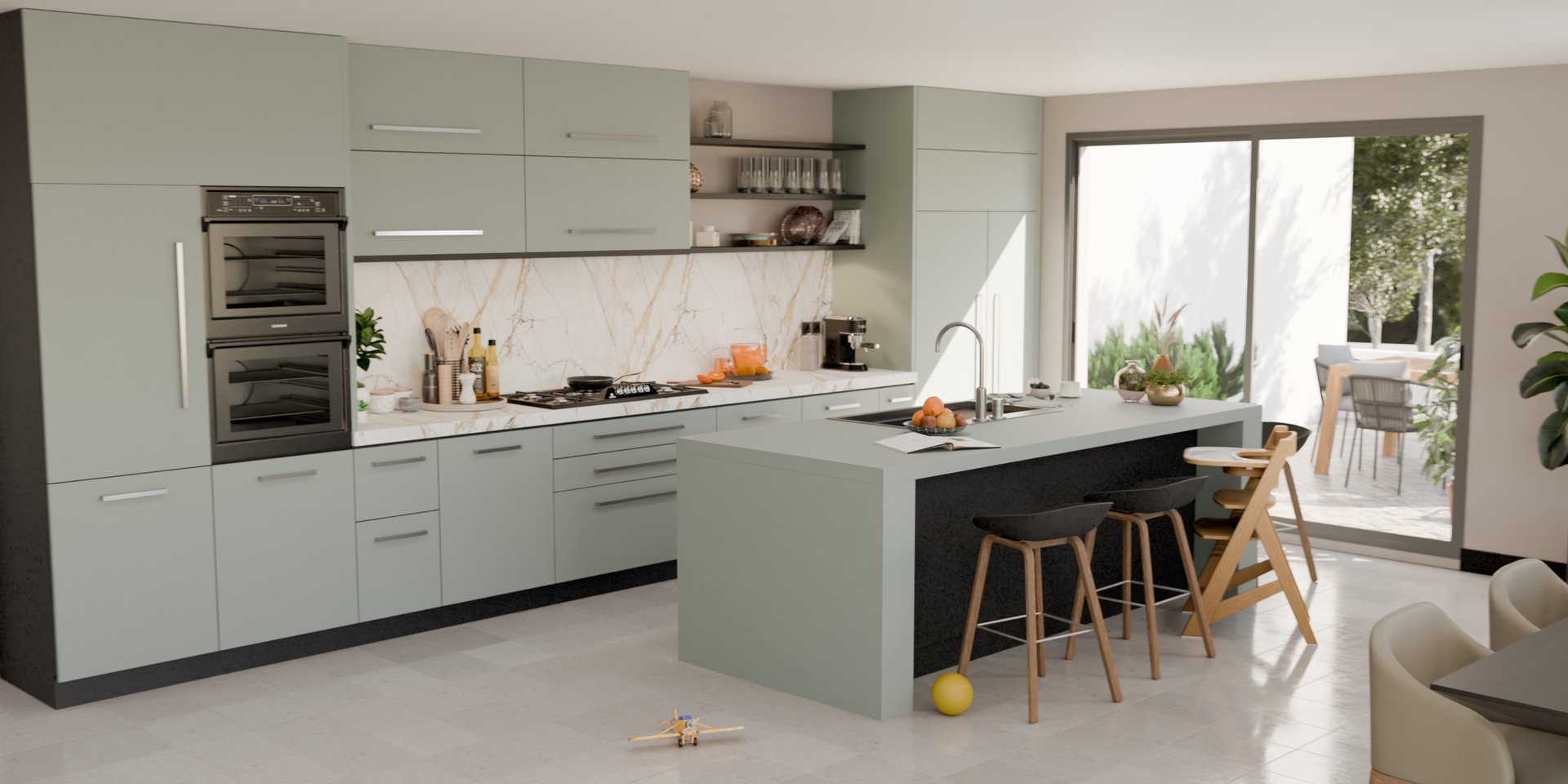 Cuisine moderne avec plan de travail stratifié sur mesure Sofema, îlot central