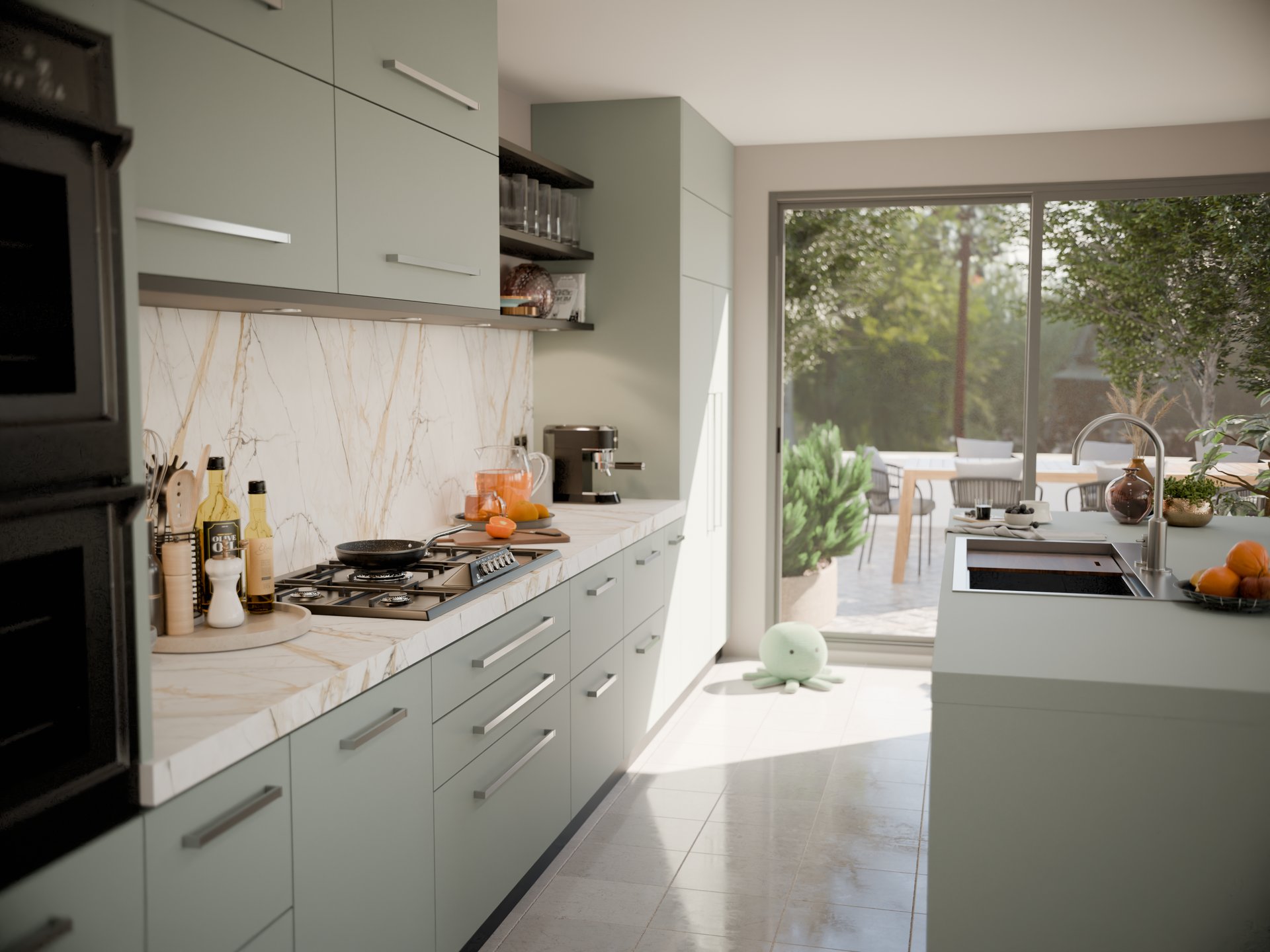 Cuisine moderne avec plan de travail stratifié Sofema et armoires vertes