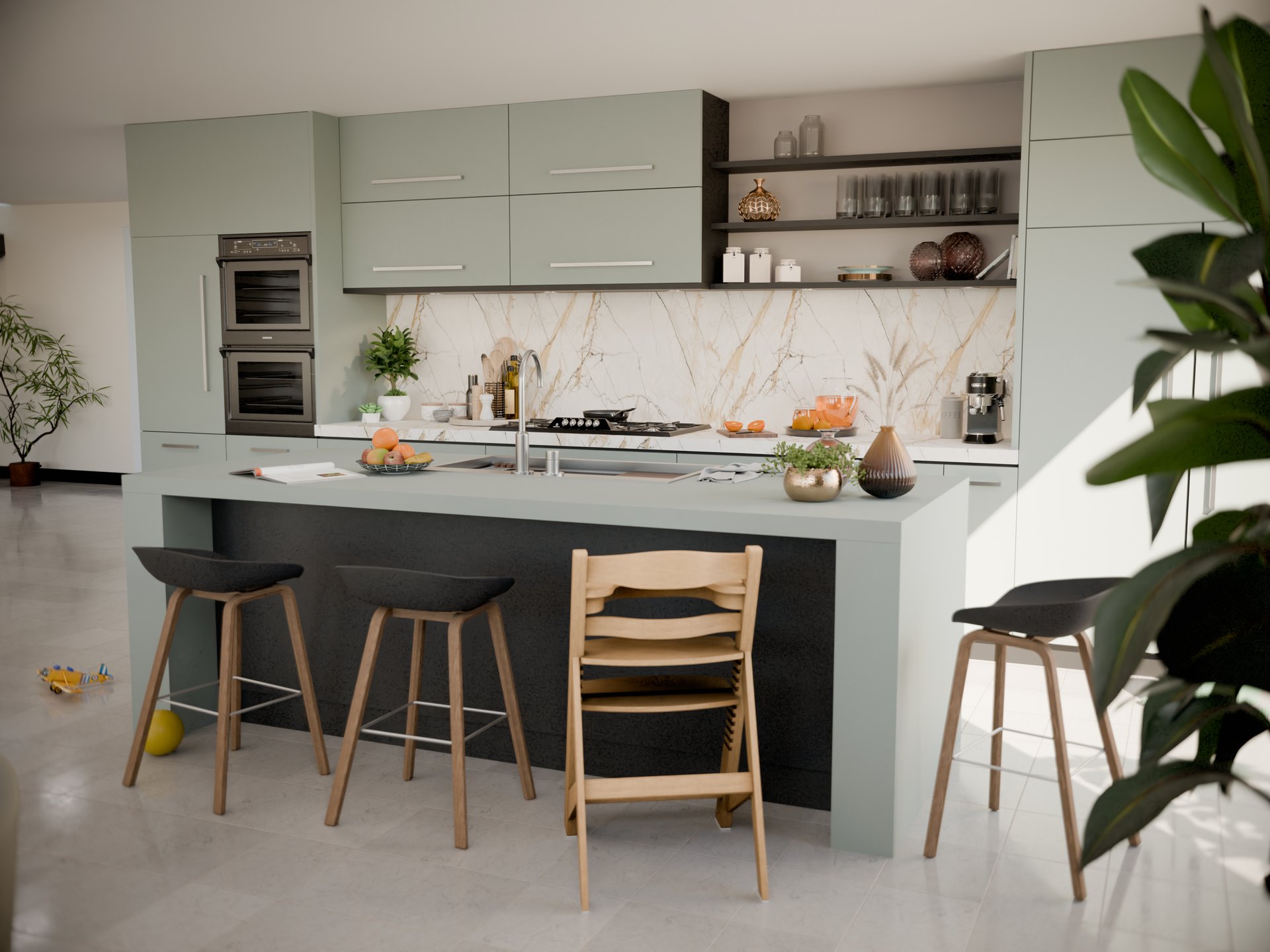 Cuisine moderne avec plan de travail stratifié sur mesure Sofema et sièges en