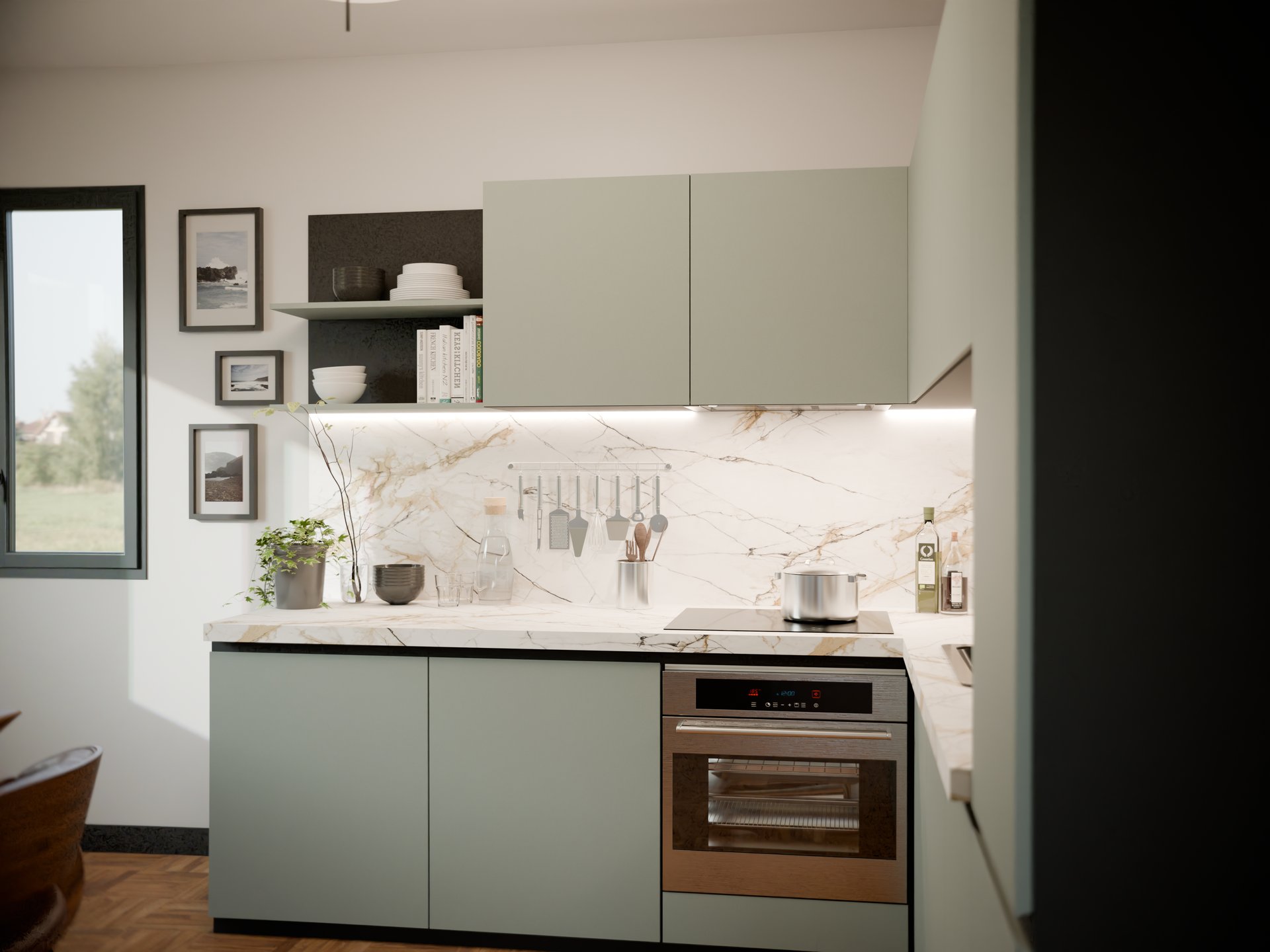 Plan de travail stratifié Sofema dans une cuisine moderne avec rangements vert