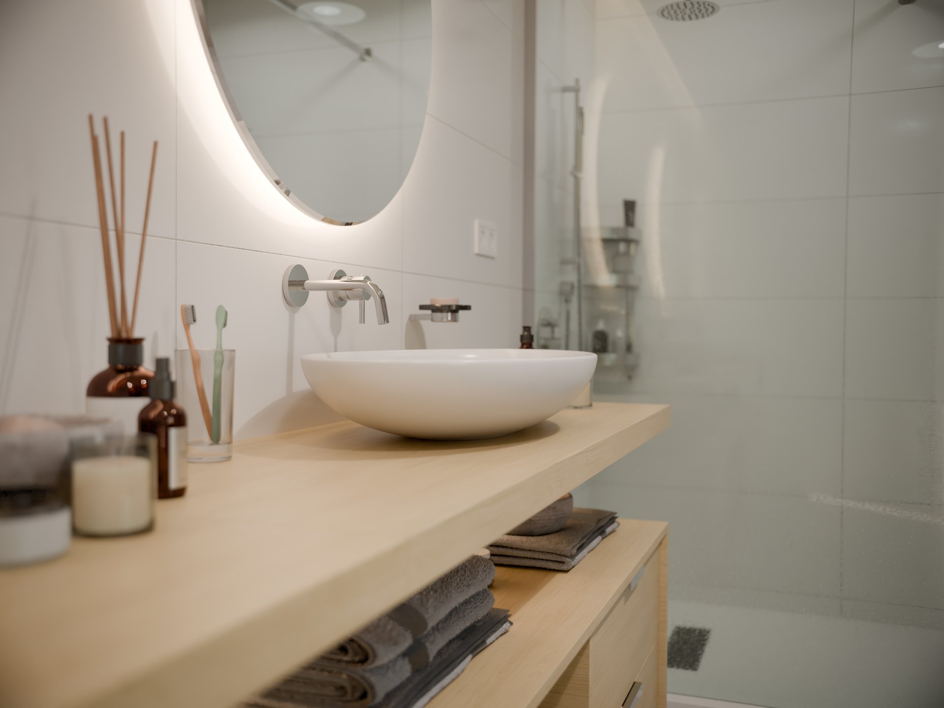 Plan de travail stratifié sur mesure Sofema avec vasque et robinet muraux