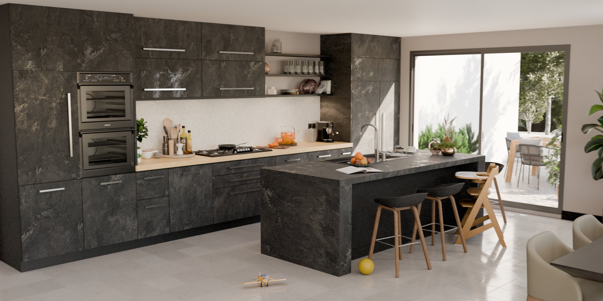 Cuisine moderne avec plan de travail stratifié sur mesure Sofema et îlot central