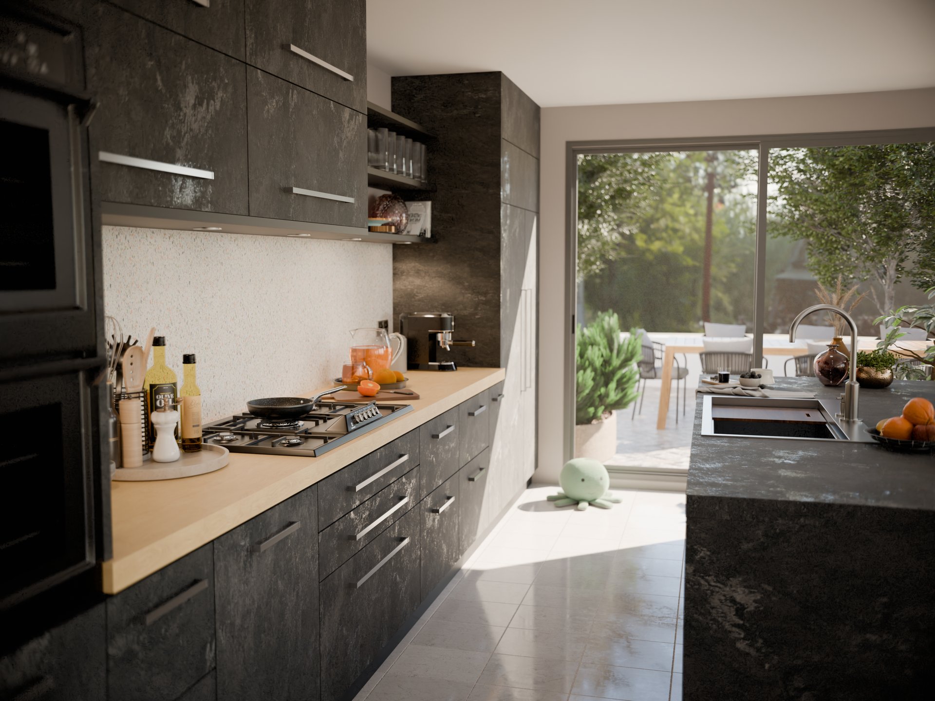 Cuisine moderne avec plan de travail stratifié sur mesure de Sofema, éviers et