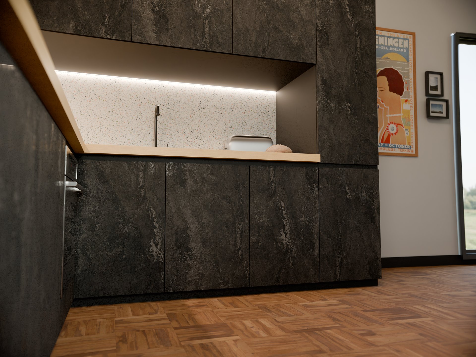 Plan de travail stratifié sur mesure par Sofema avec évier et lumière intégrée