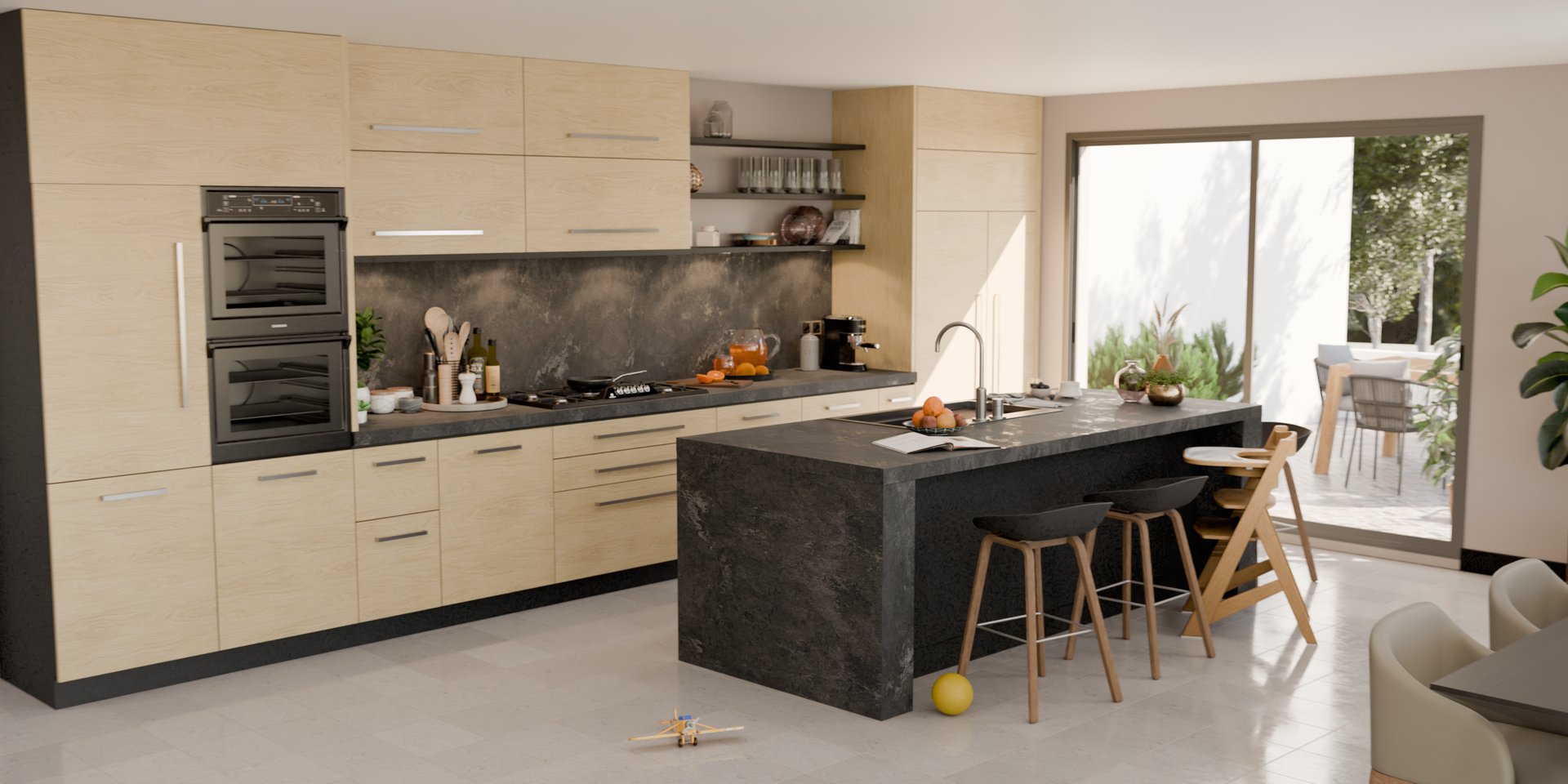 Cuisine moderne avec plan de travail stratifié sur mesure Sofema et îlot