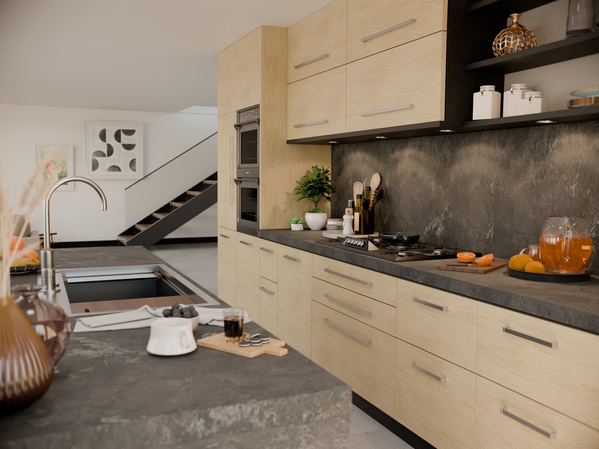 Cuisine moderne avec plan de travail stratifié sur mesure Sofema et éléments en