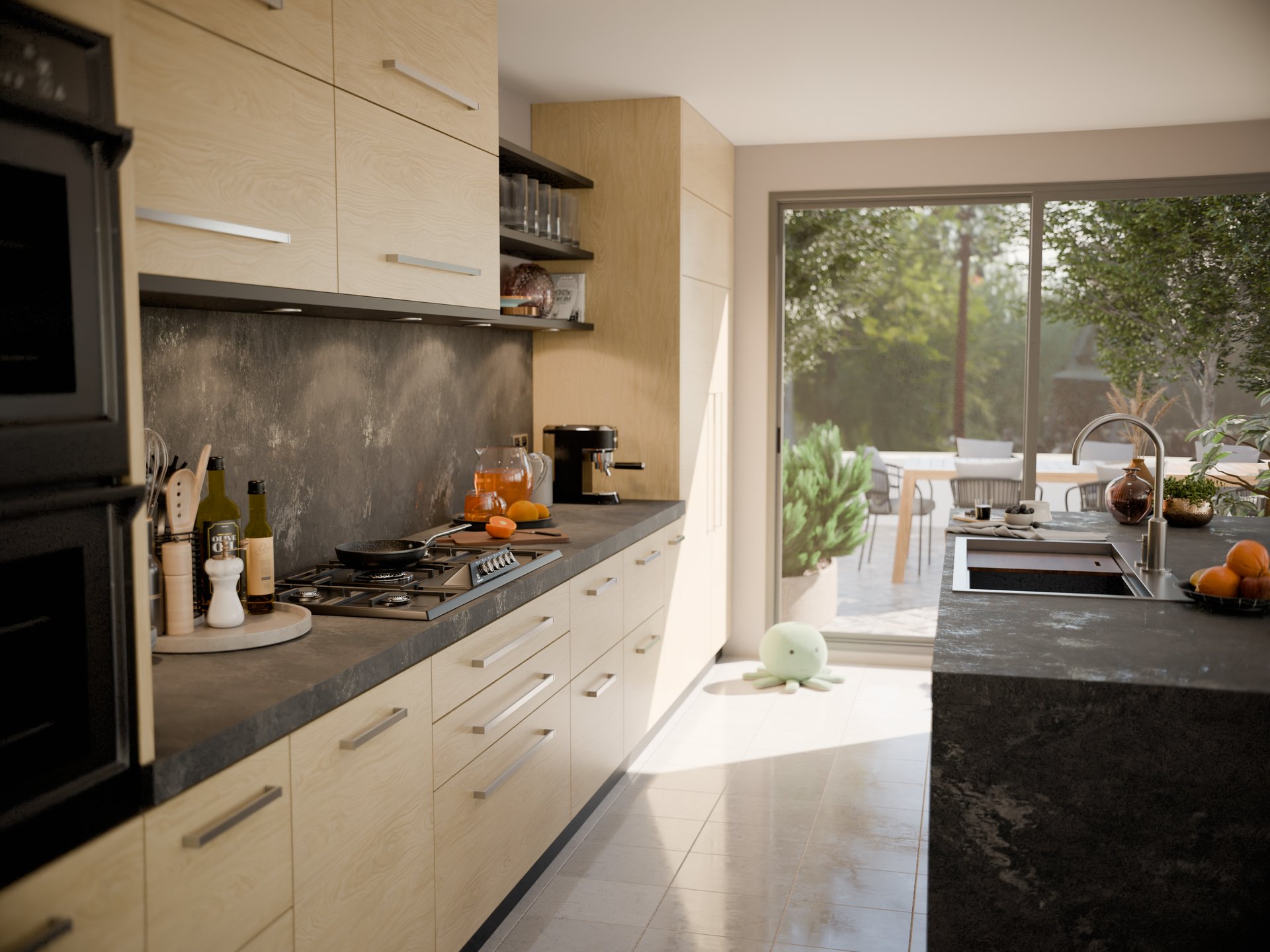 Cuisine moderne avec plan de travail stratifié Sofema en pierre noire et