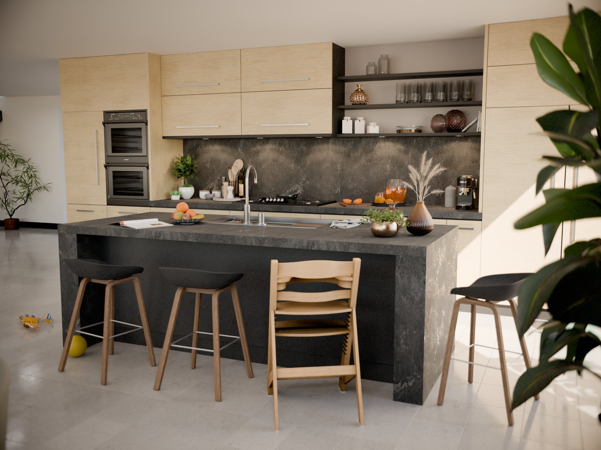 Cuisine moderne avec plan de travail stratifié sur mesure Sofema et îlot central