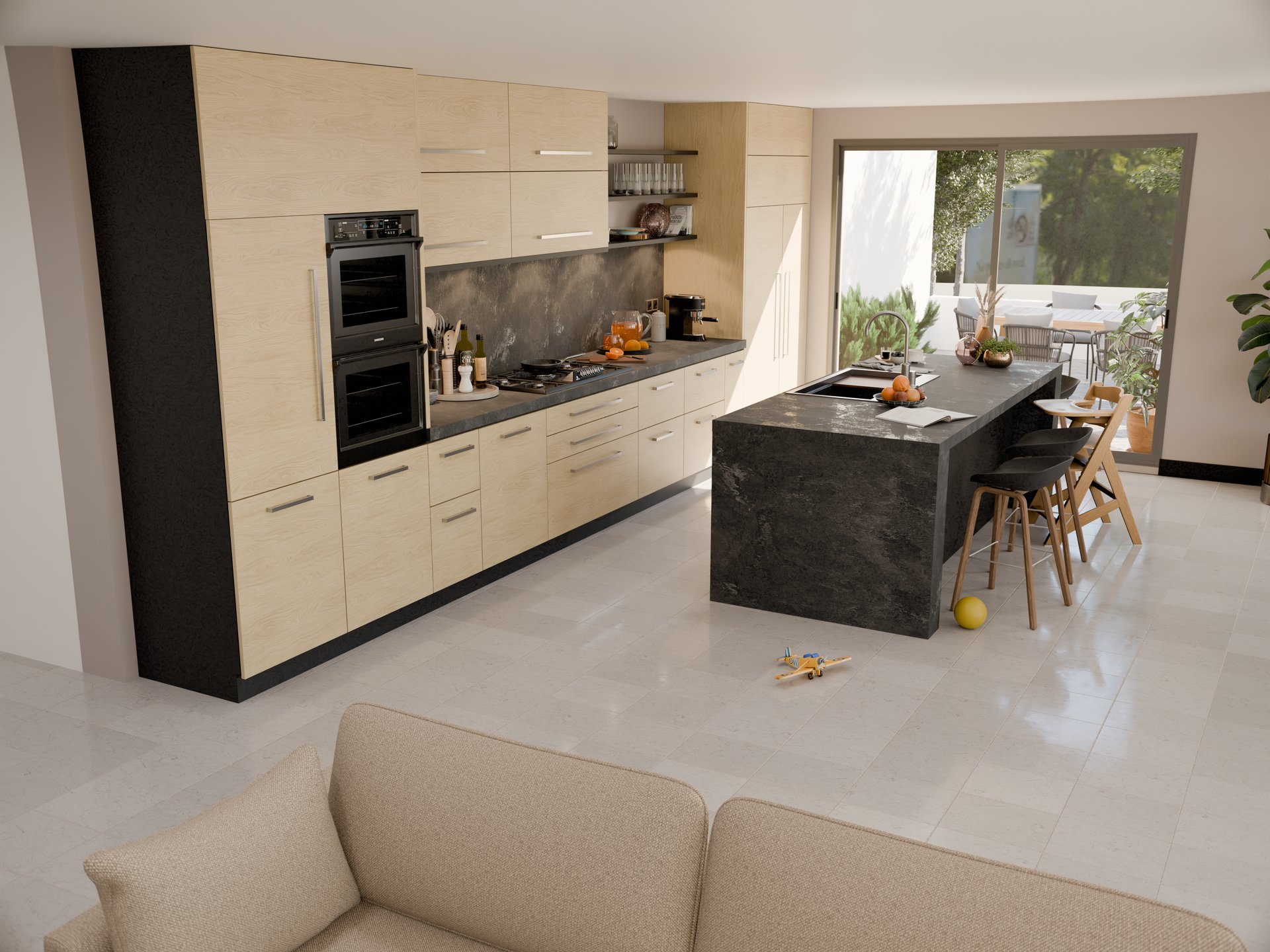 Cuisine moderne avec plan de travail stratifié sur mesure de Sofema et îlot