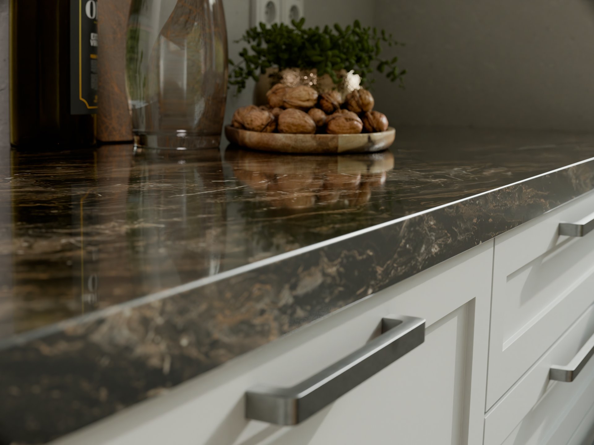 Plan de travail stratifié sur mesure par Sofema avec des noix et des verres.