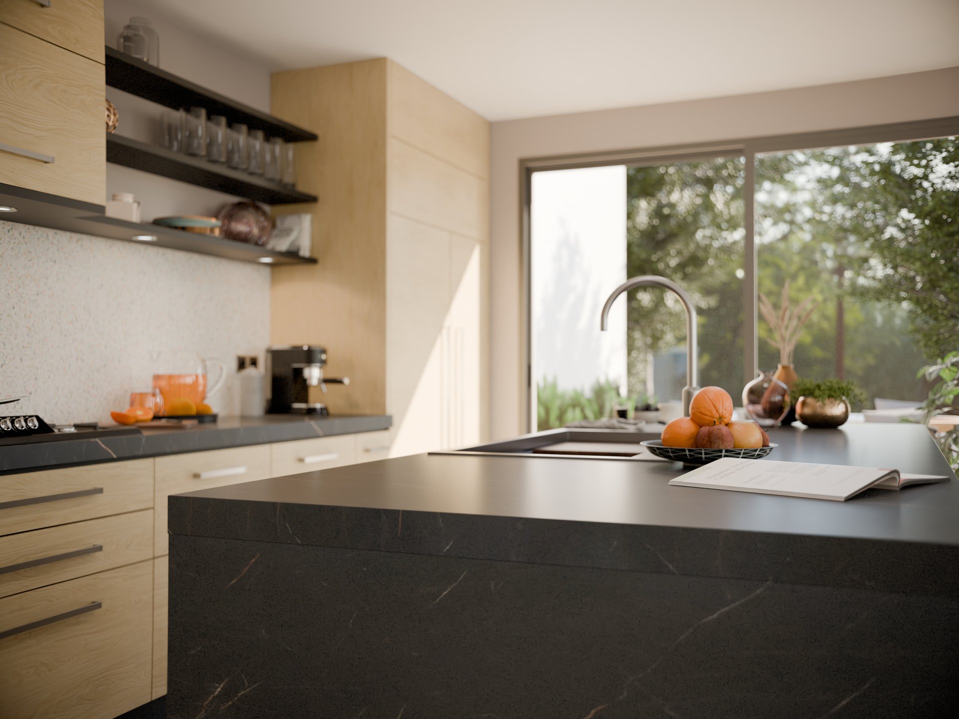 Plan de travail stratifié sur mesure en cuisine moderne avec îlot central.