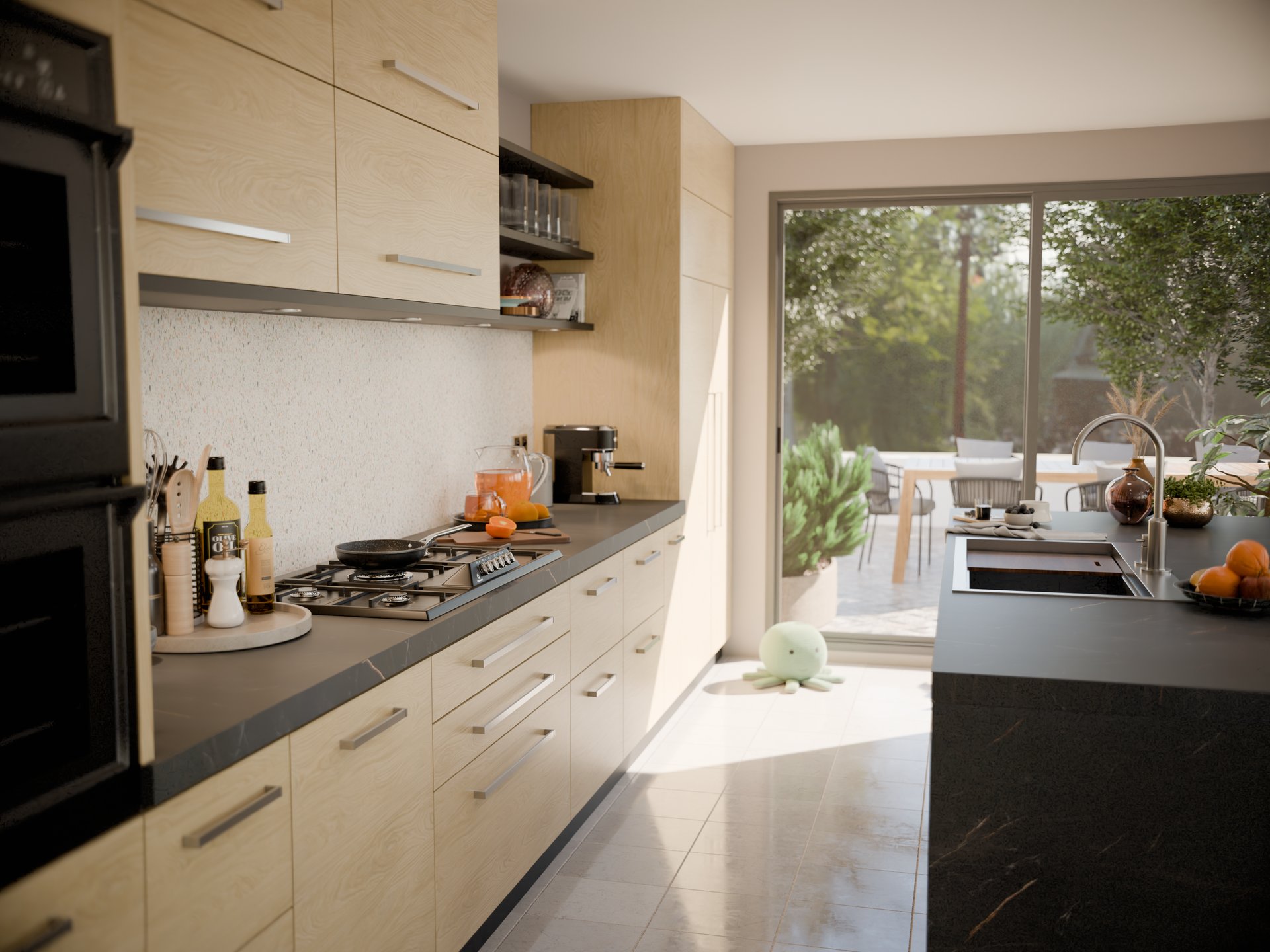 Cuisine moderne avec plan de travail stratifié sur mesure Sofema et rangements