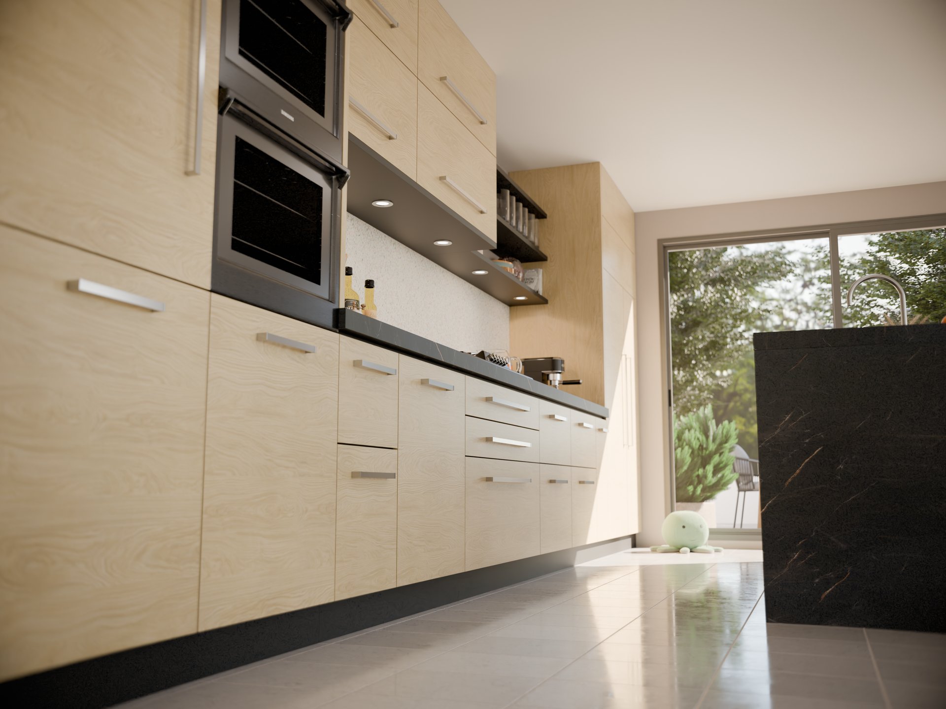 Cuisine moderne avec plan de travail stratifié sur mesure Sofema et armoires en