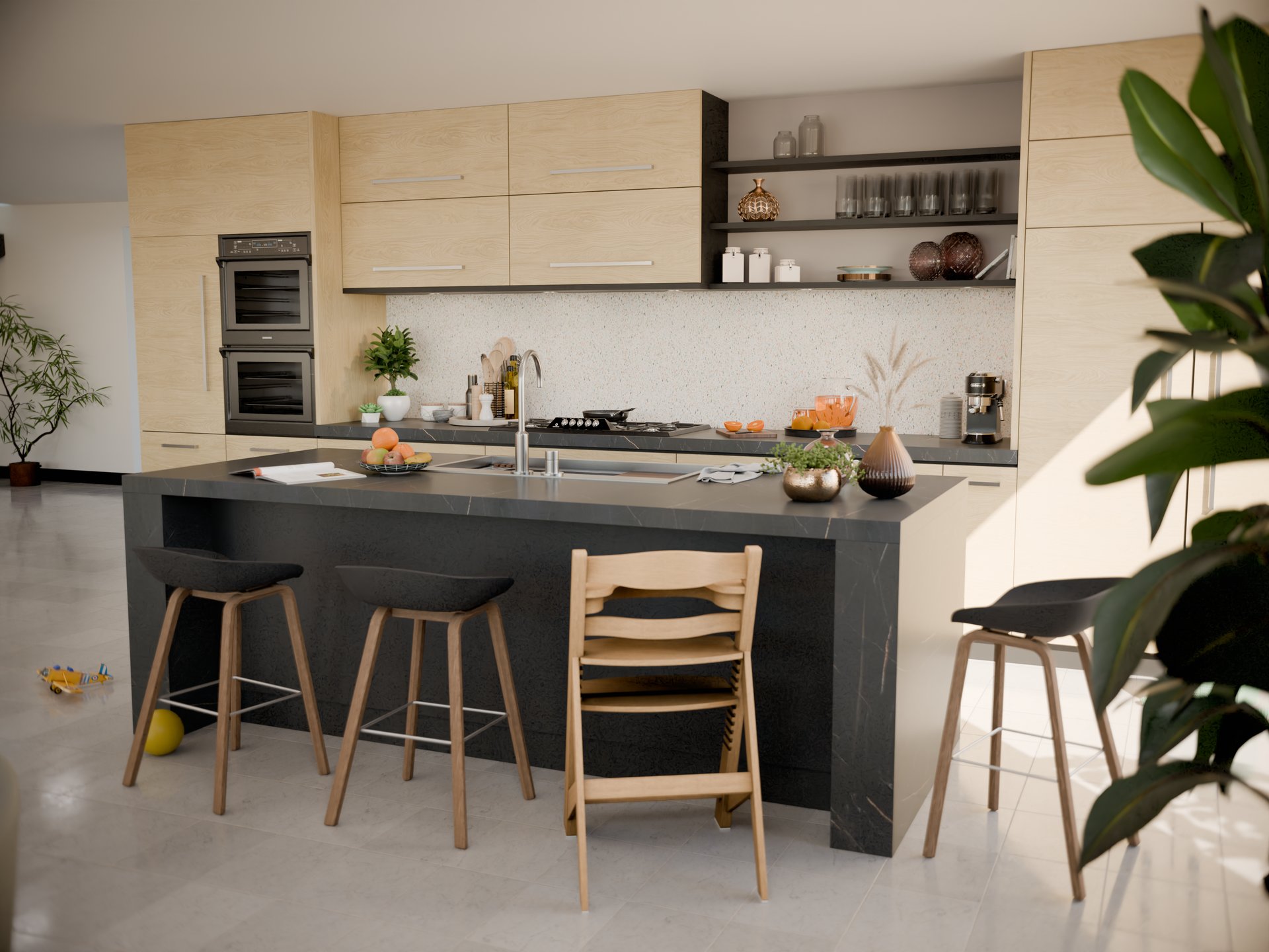 Cuisine moderne avec plan de travail stratifié sur mesure, tabourets et étagères