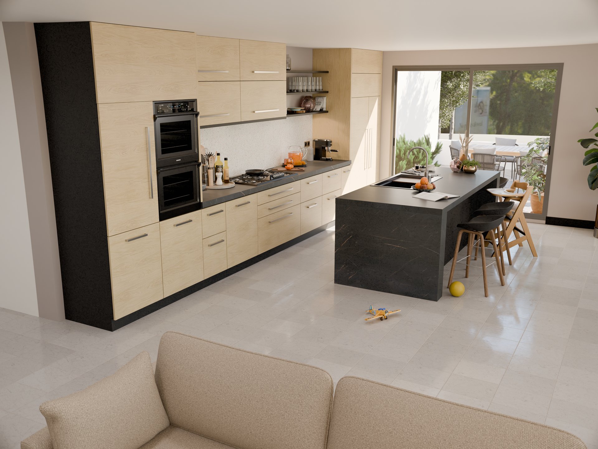 Cuisine moderne avec plan de travail stratifié sur mesure de Sofema et îlot