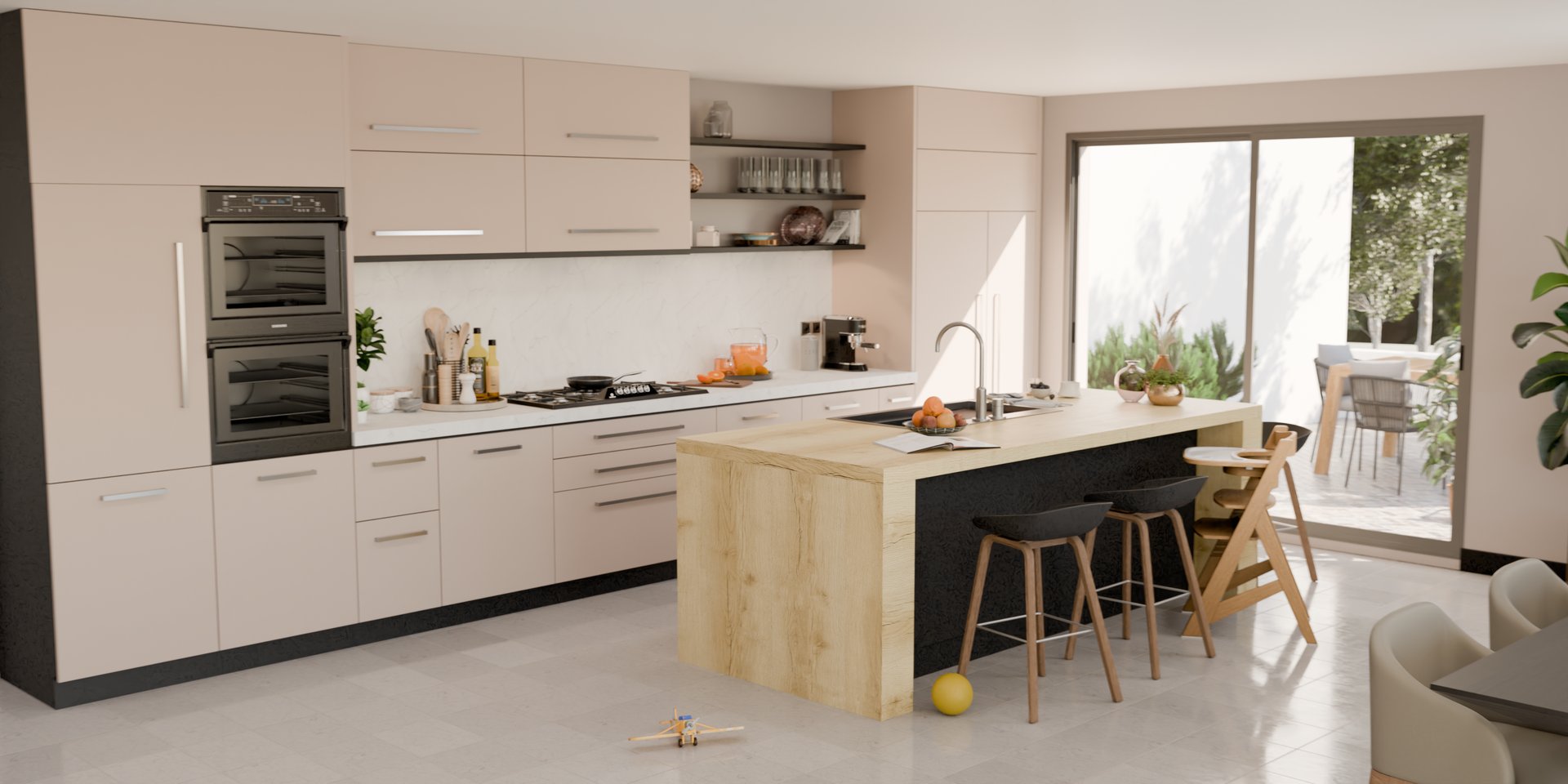 Cuisine moderne avec îlot central en bois, plan de travail stratifié sur mesure