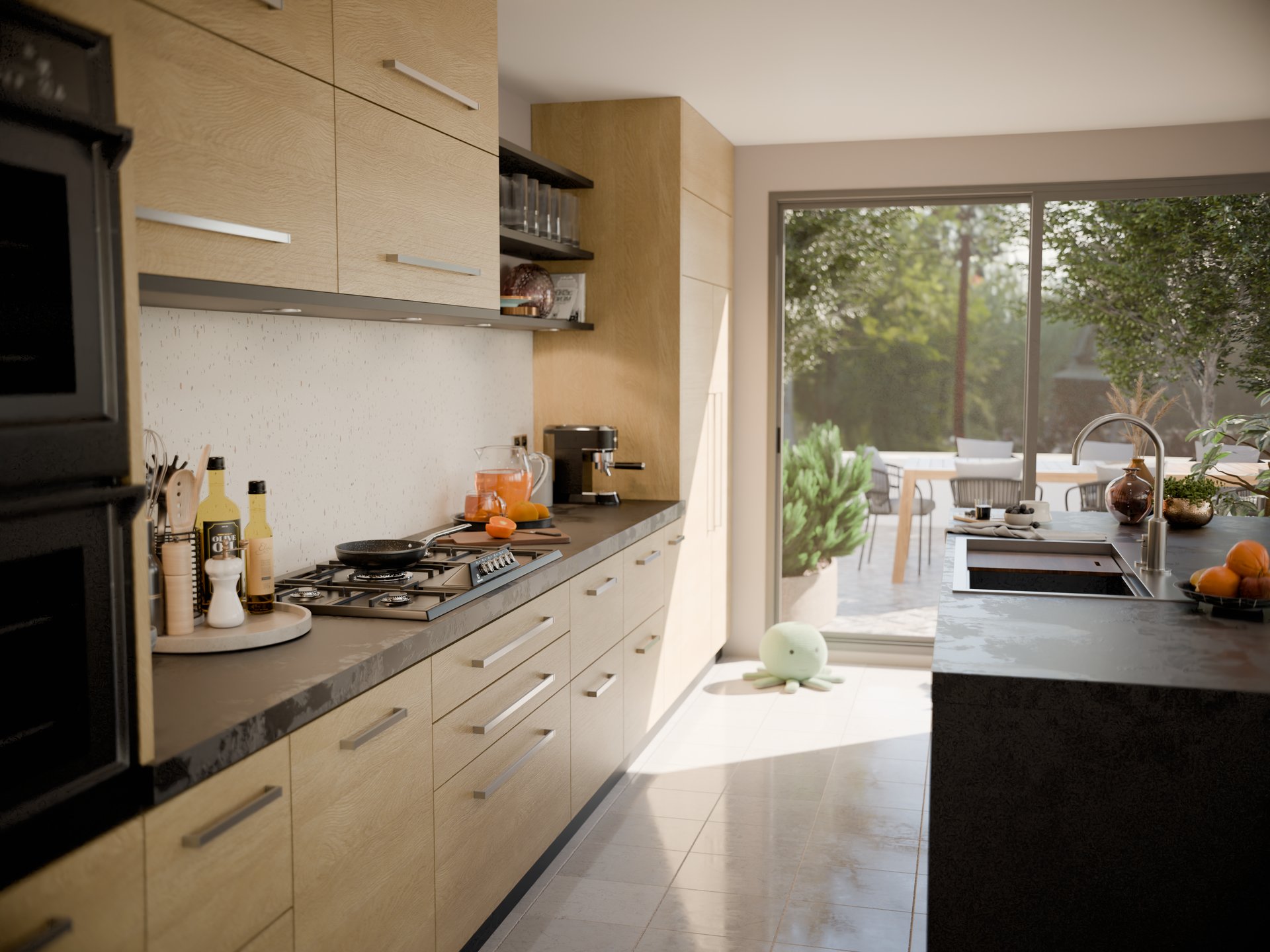 Cuisine moderne avec plan de travail stratifié sur mesure Sofema, équipements