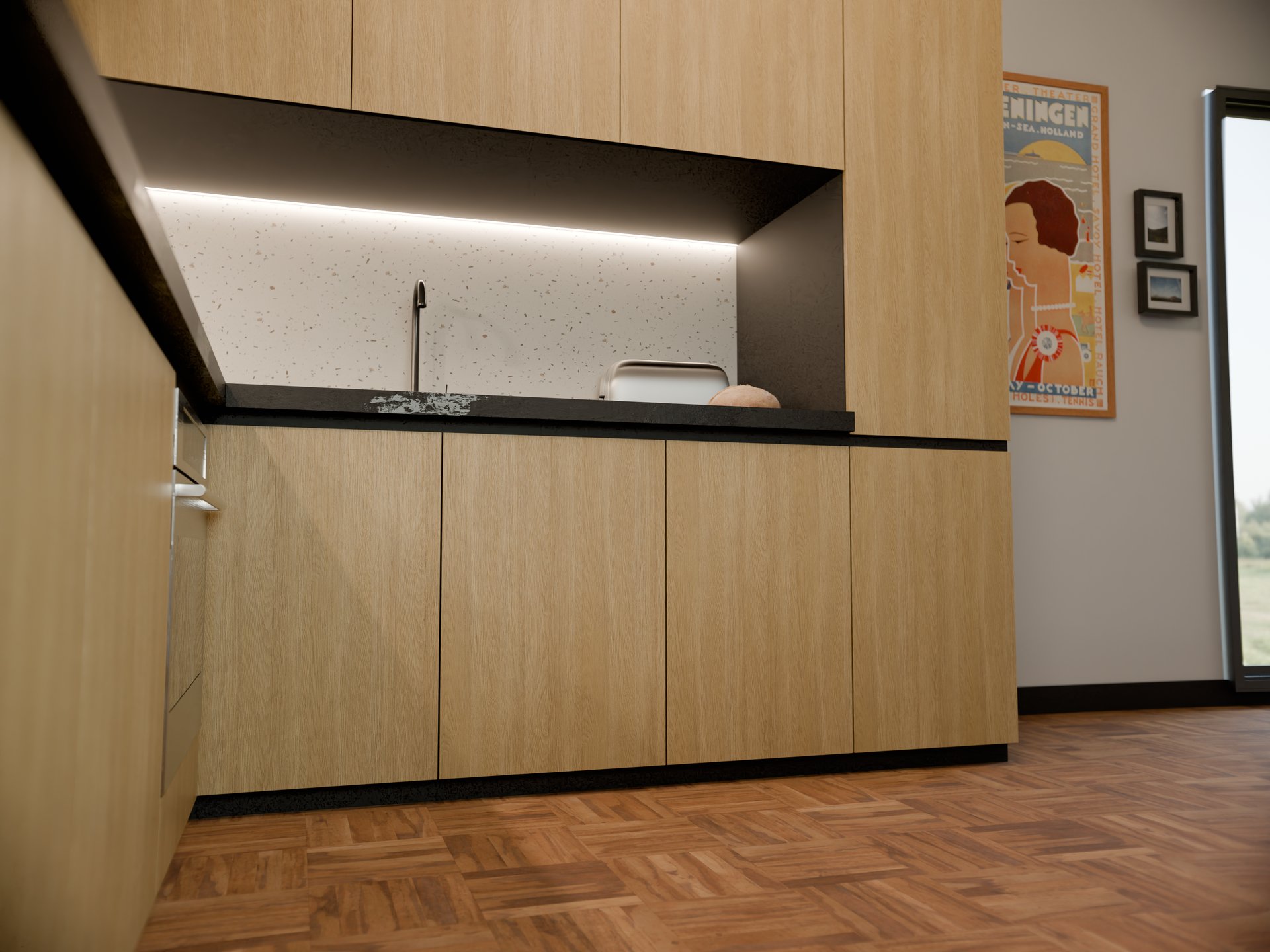 Plan de travail en stratifié avec évier, étagères et lumière LED intégrée par