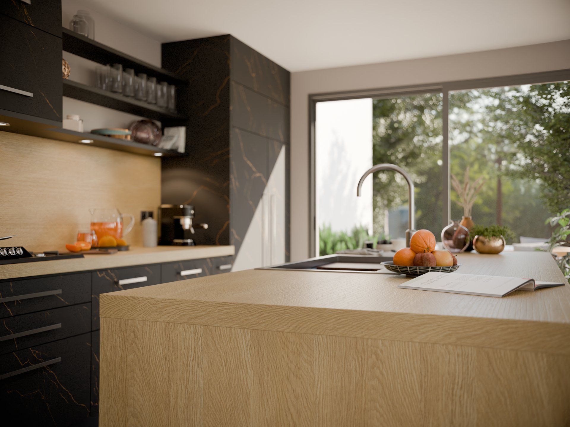 Plan de travail stratifié sur mesure Sofema avec éviers et fruits sur le