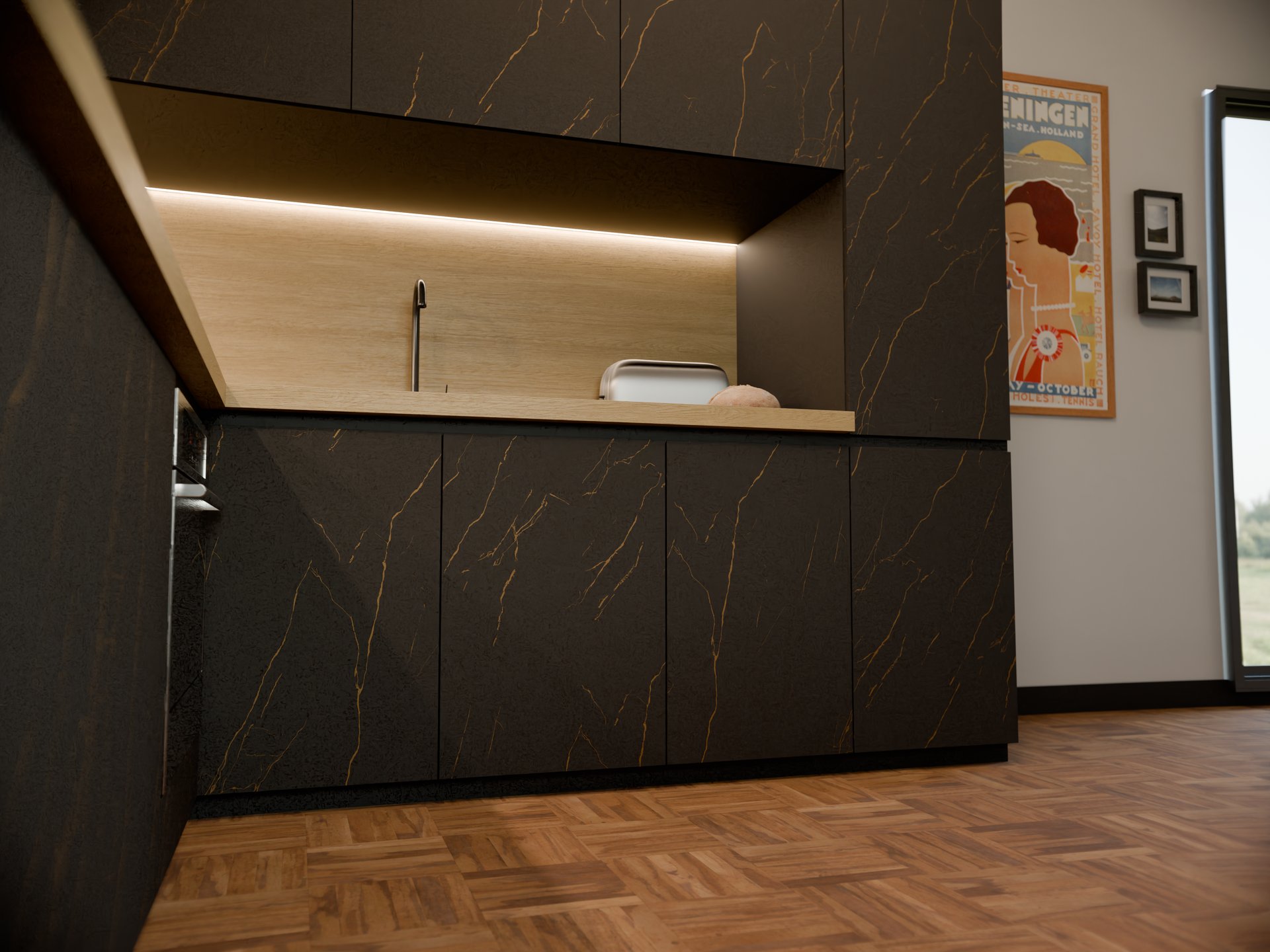 Plan de travail stratifié sur mesure de Sofema avec lampe intégrée et cabine