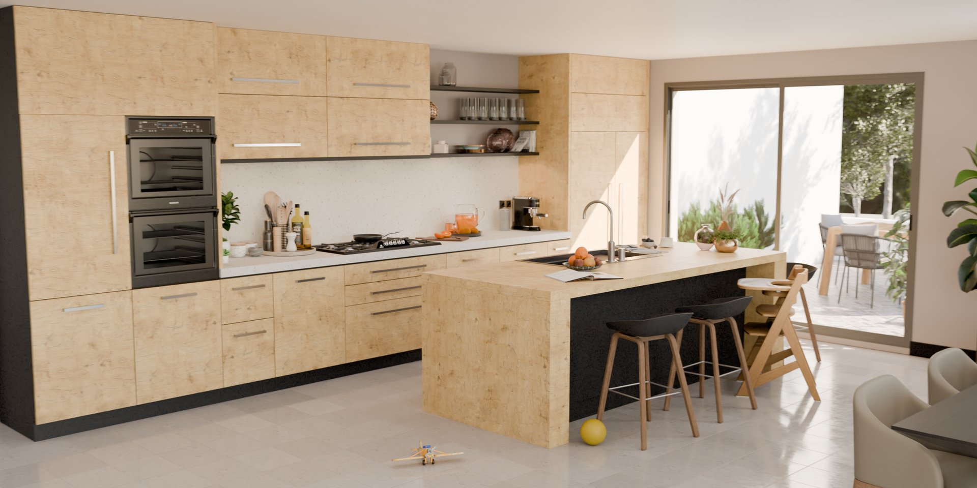 Cuisine moderne avec plan de travail stratifié sur mesure Sofema et îlot central