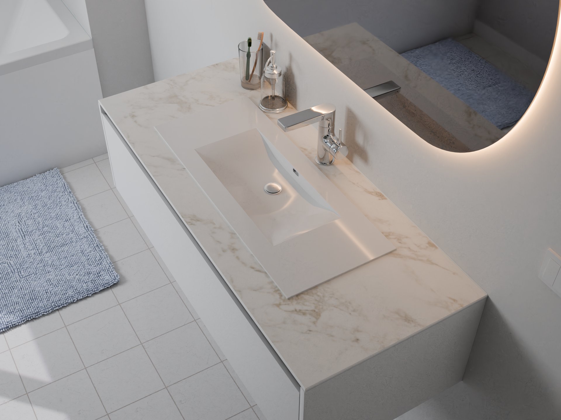 Plan de travail stratifié sur mesure Sofema avec vasque intégrée et robinetterie