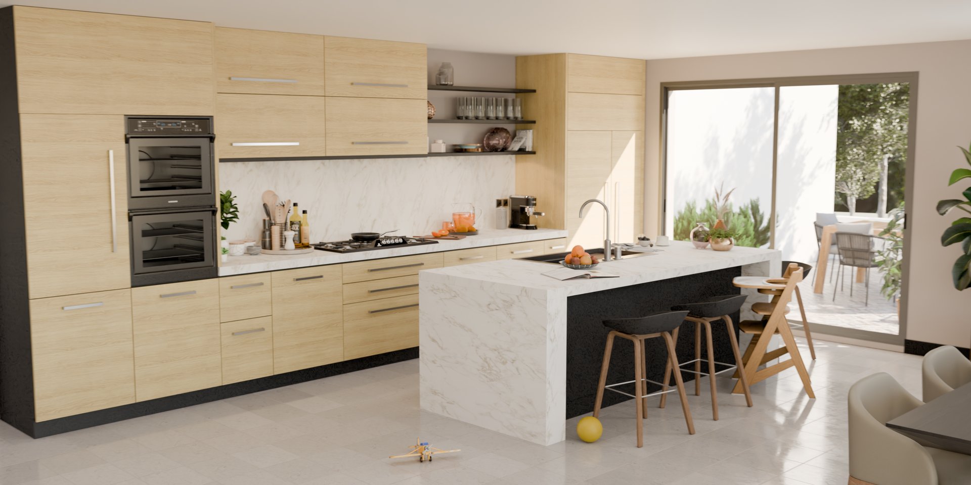 Cuisine moderne avec plan de travail stratifié sur mesure Sofema et îlot central