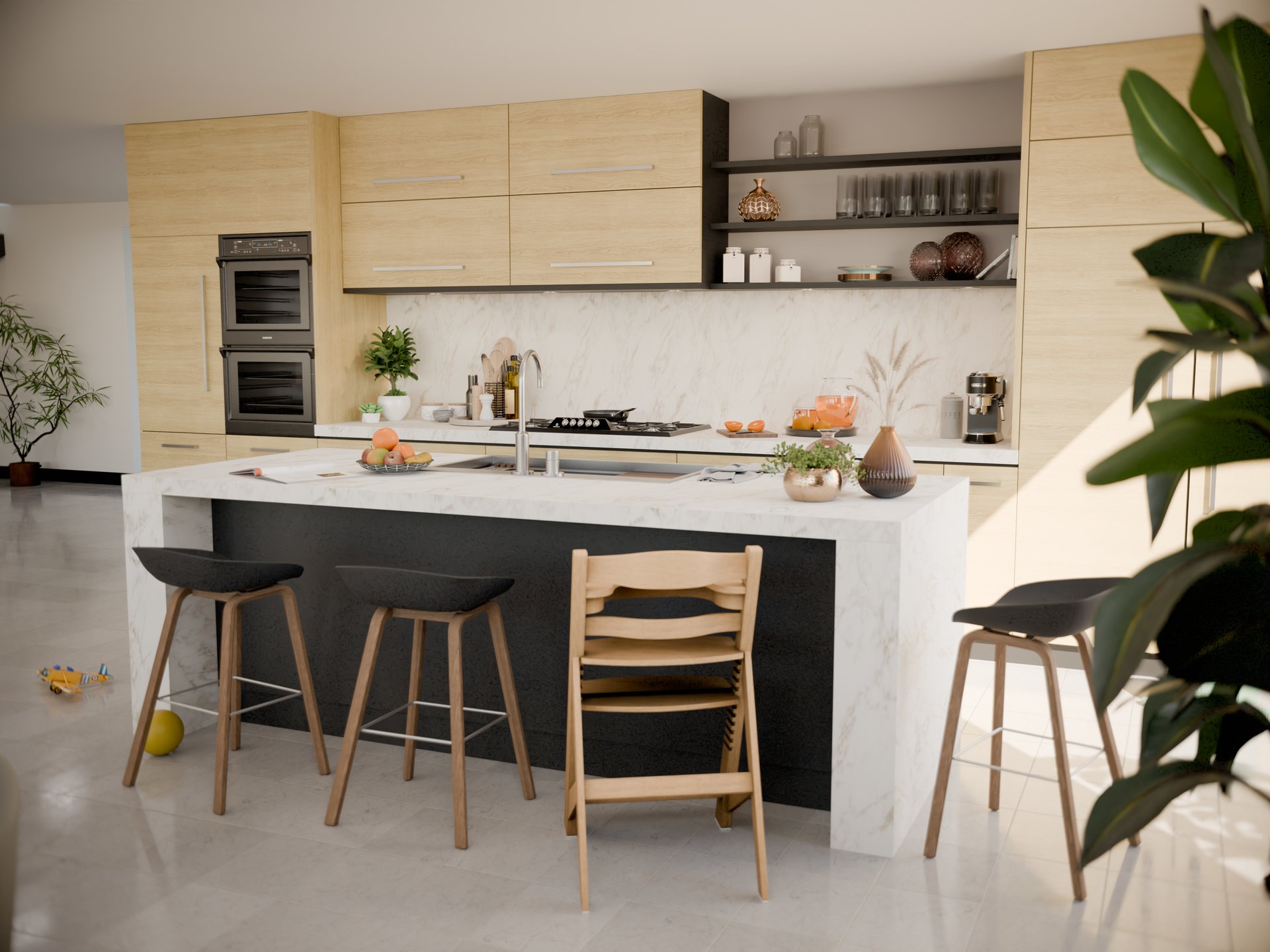 Cuisine moderne avec plan de travail stratifié sur mesure de Sofema et îlot