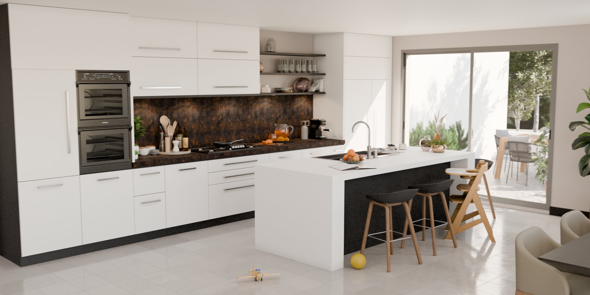 Cuisine moderne avec plan de travail stratifié sur mesure Sofema, îlot central