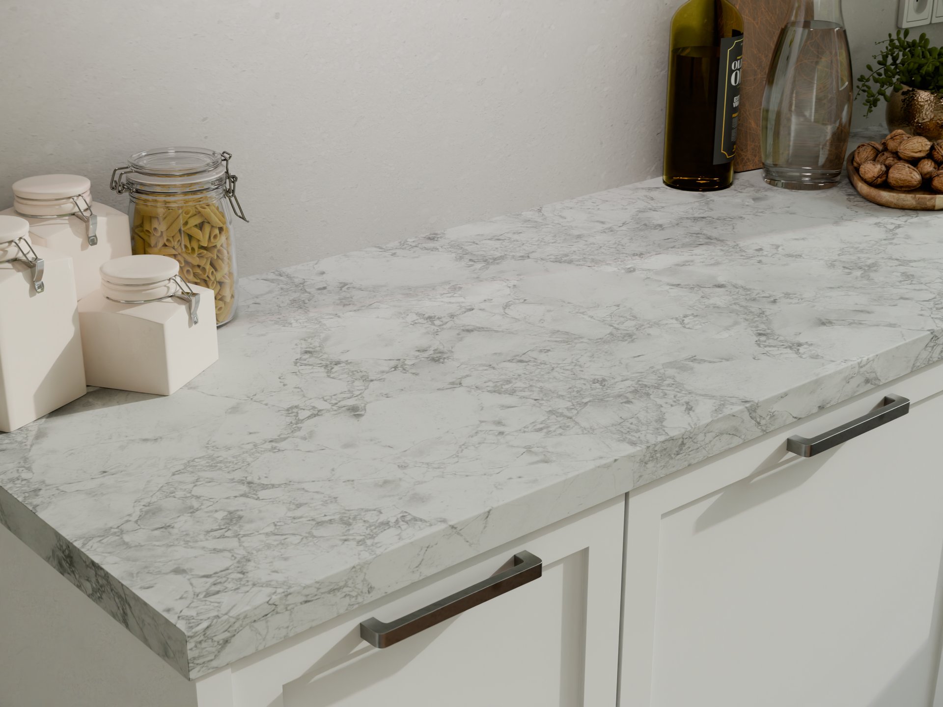 Plan de travail stratifié sur mesure par Sofema avec motifs marbrés.