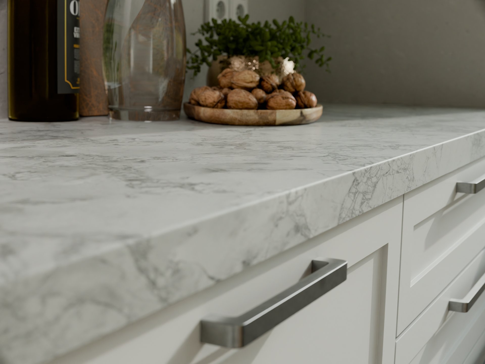 Plan de travail stratifié sur mesure par Sofema avec finition marbrée.