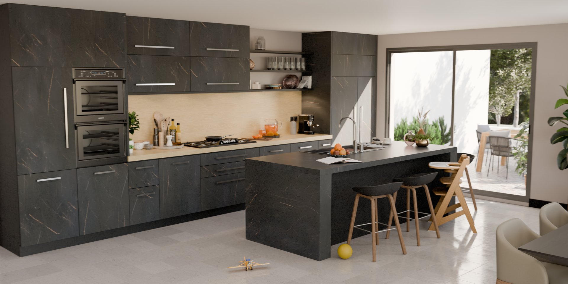 Cuisine moderne avec plan de travail stratifié sur mesure, Sofema, îlot central