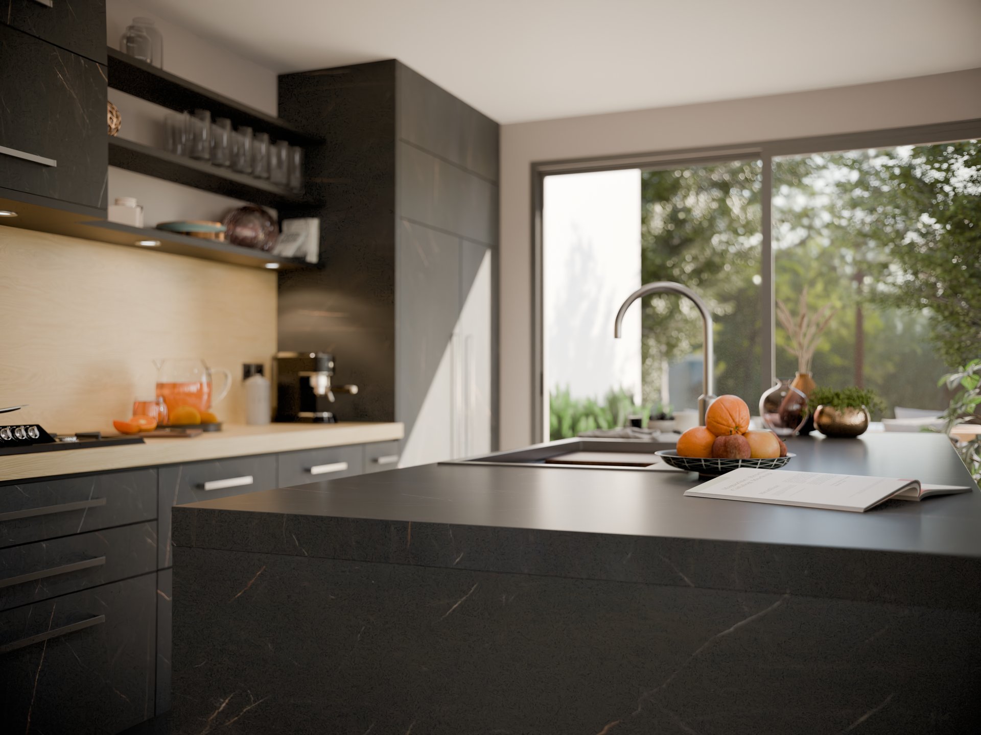 Cuisine moderne avec plan de travail en stratifié Sofema, évier et éléments de