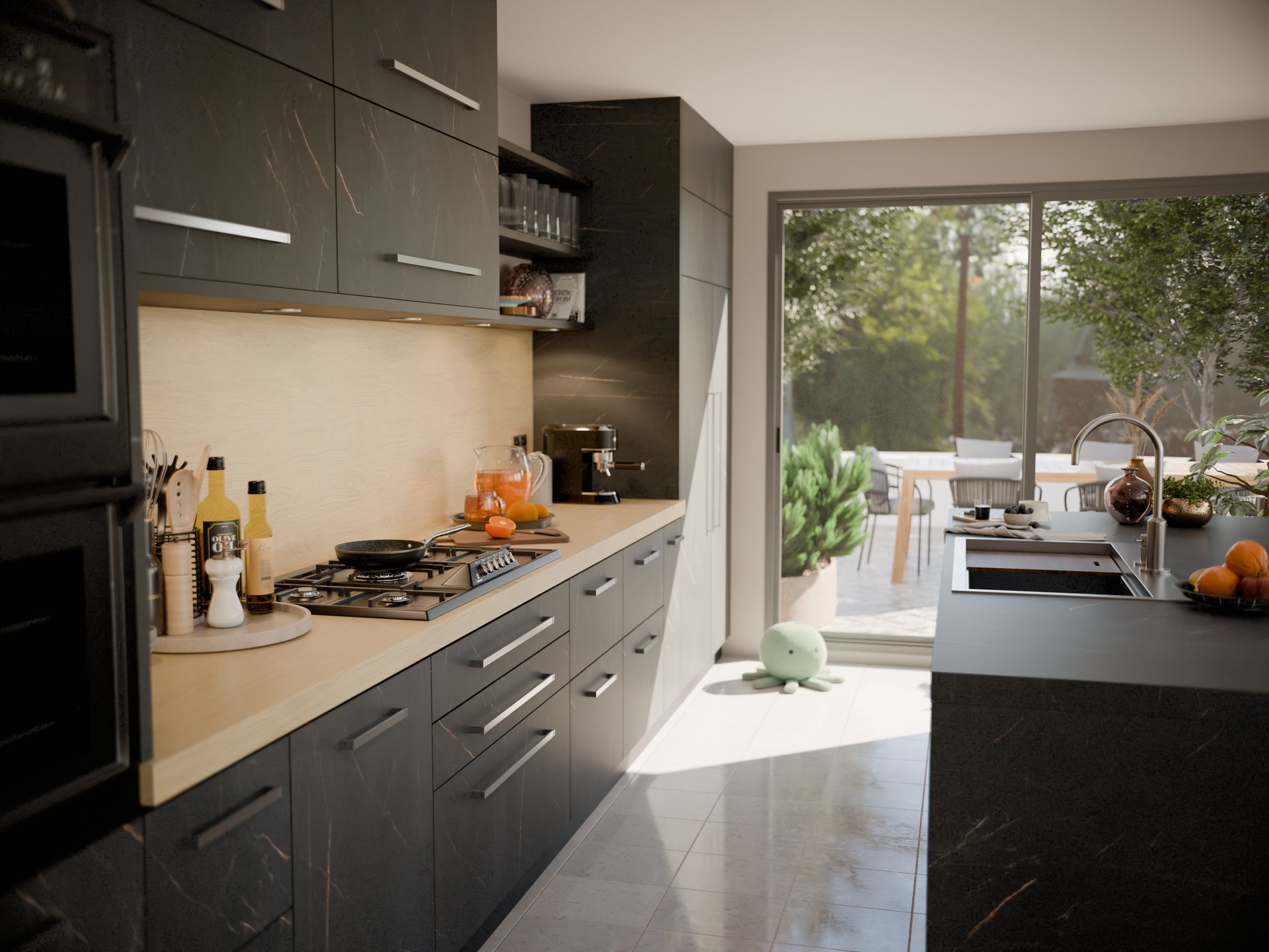 Cuisine moderne avec plan de travail stratifié sur mesure Sofema, évier et