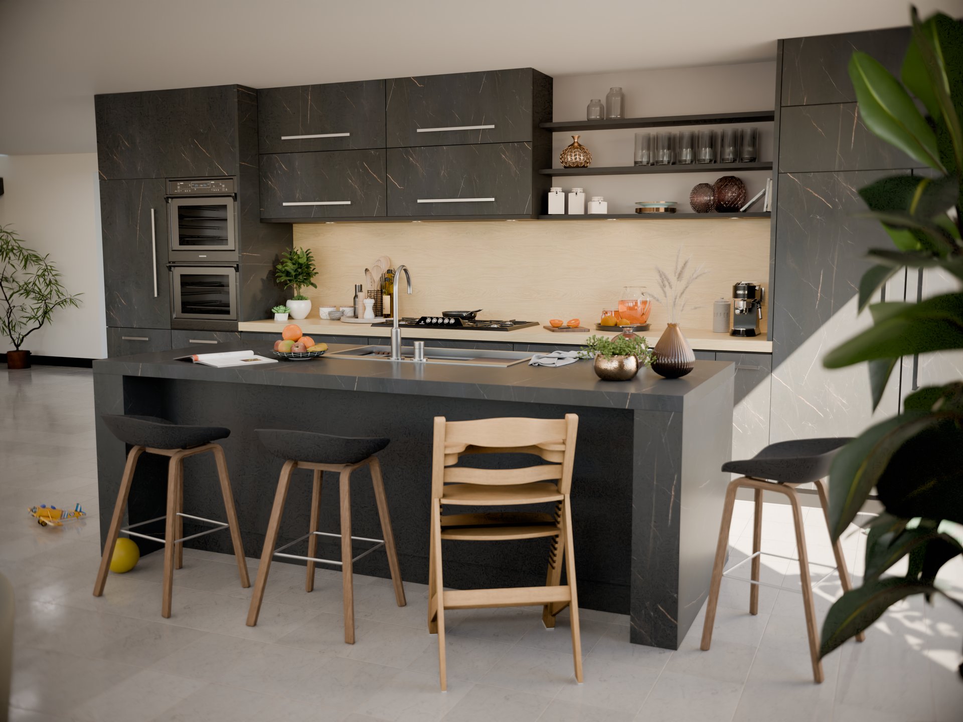 Cuisine moderne avec plan de travail stratifié sur mesure et îlot central Sofema