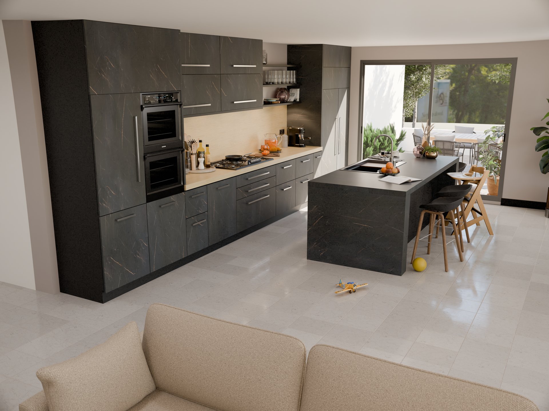 Cuisine moderne avec plan de travail stratifié sur mesure Sofema, îlot central