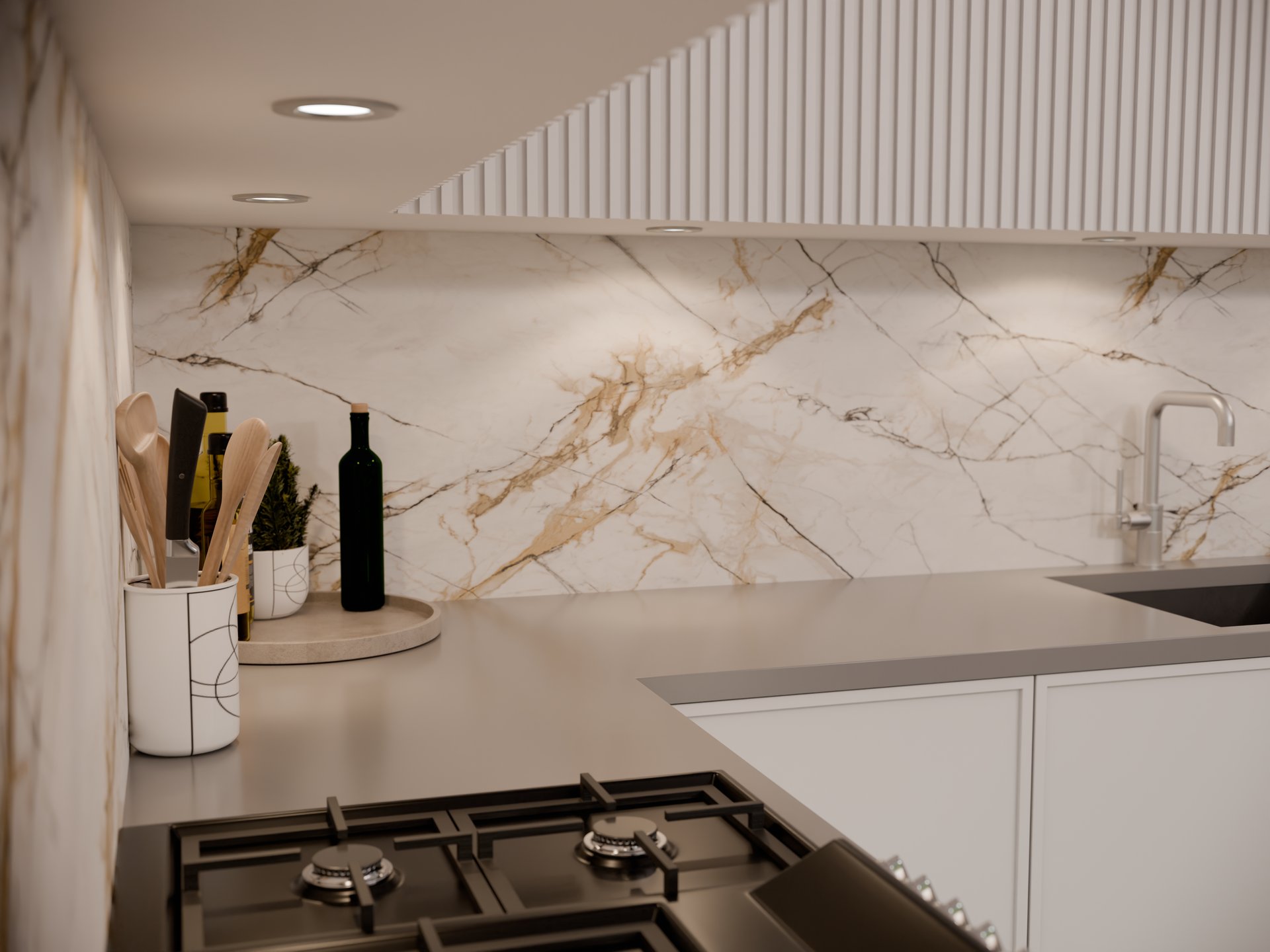 Plan de travail stratifié sur mesure Sofema, cuisine moderne avec plaque gaz