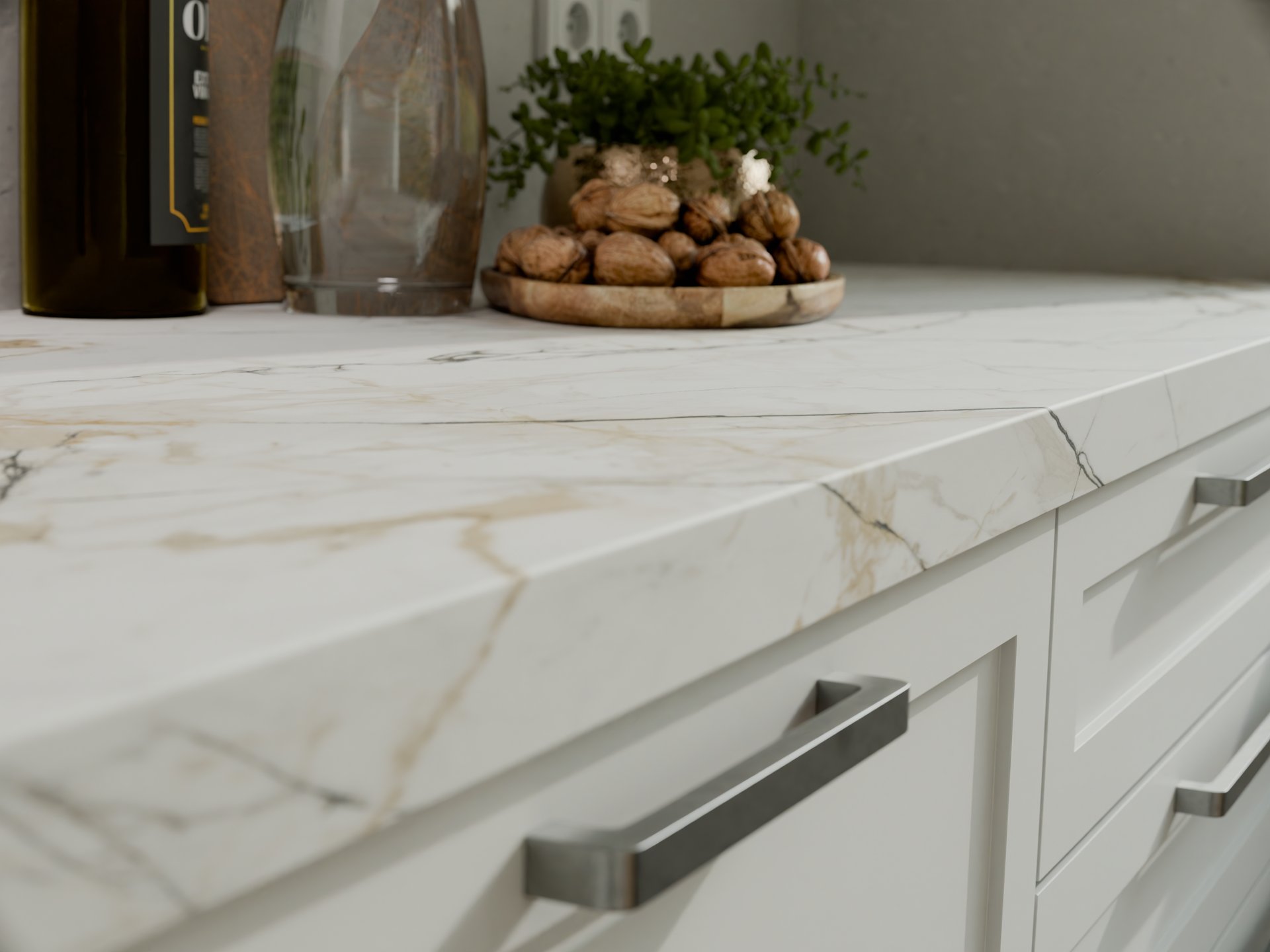 Plan de travail stratifié Sofema sur mesure avec finition marbrée.