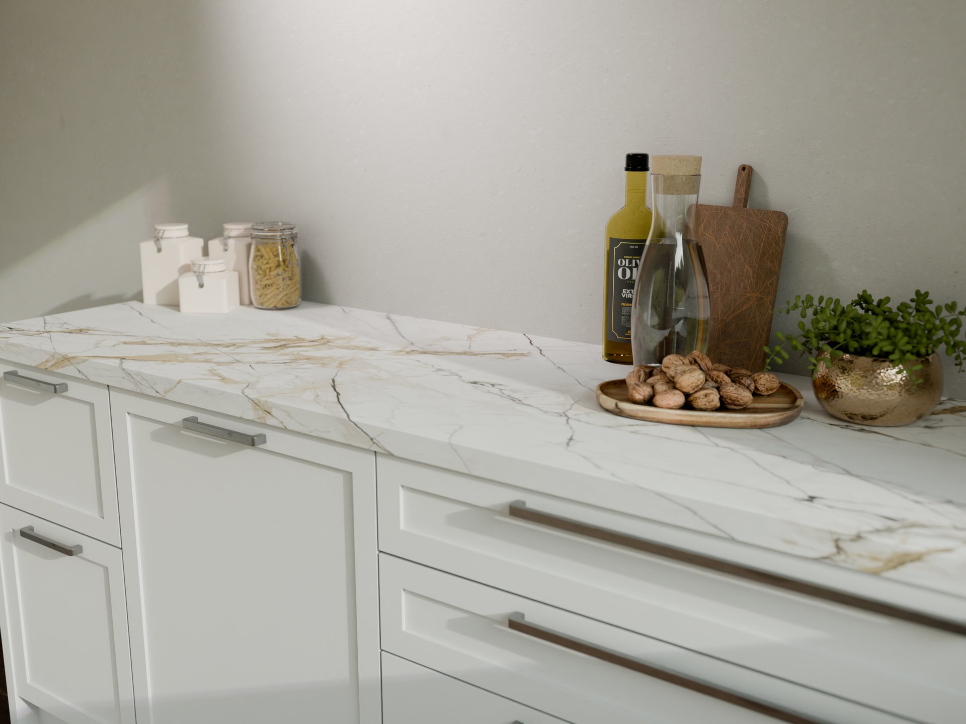 Plan de travail stratifié sur mesure par Sofema avec motifs marbrés.