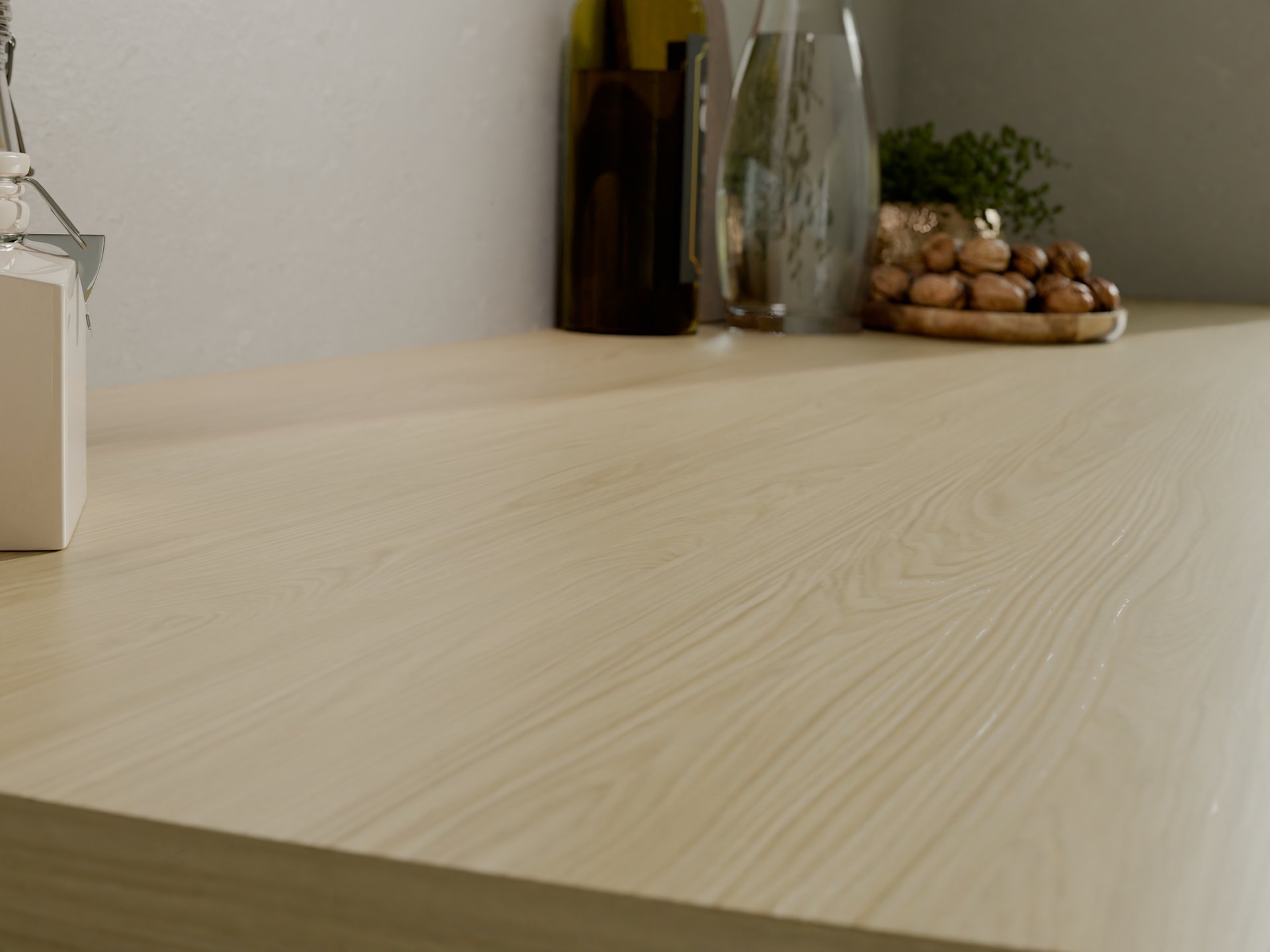 Plan de travail stratifié sur mesure par Sofema avec finition bois clair.