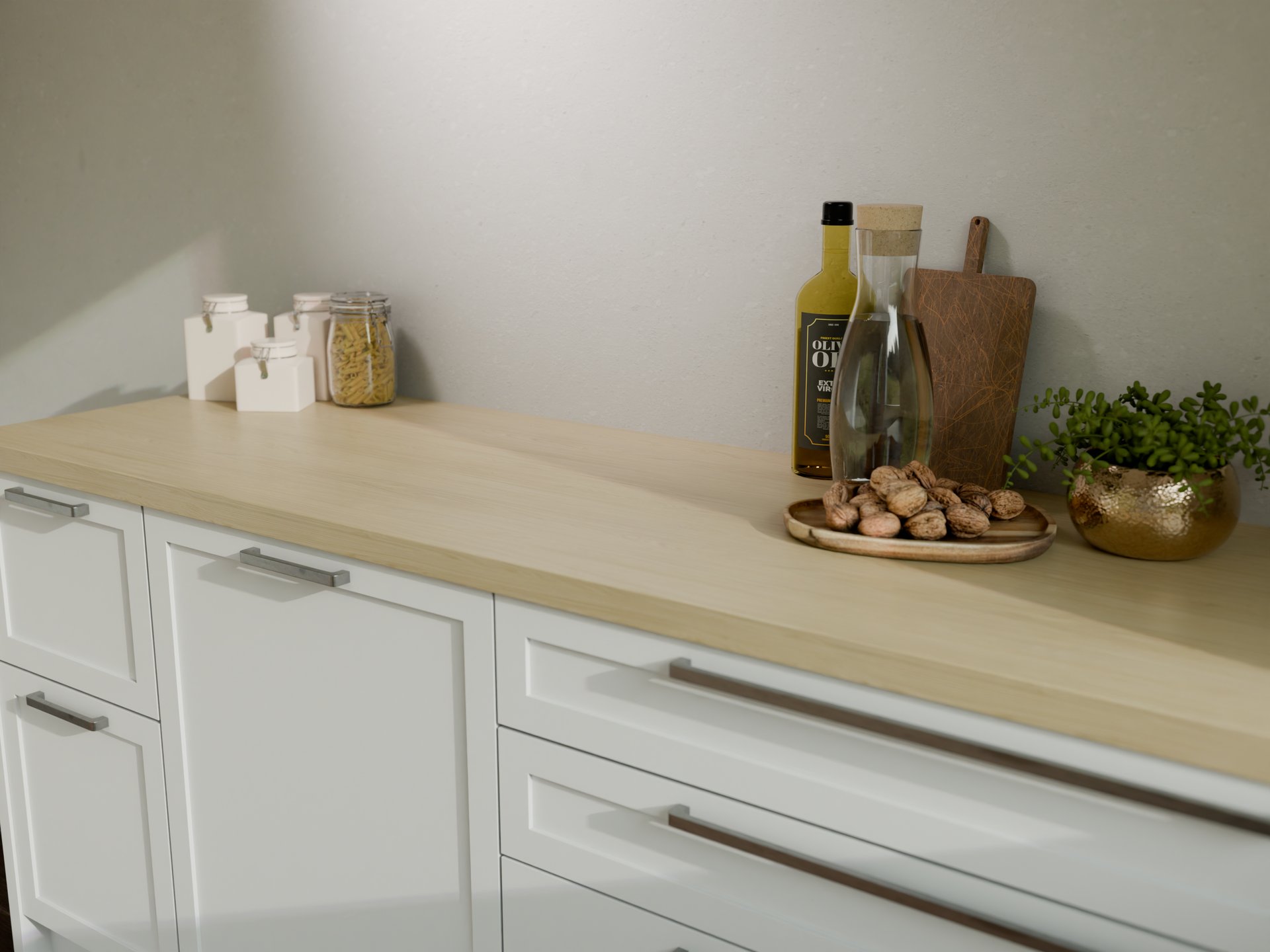 Plan de travail stratifié sur mesure par Sofema avec accessoires de cuisine.