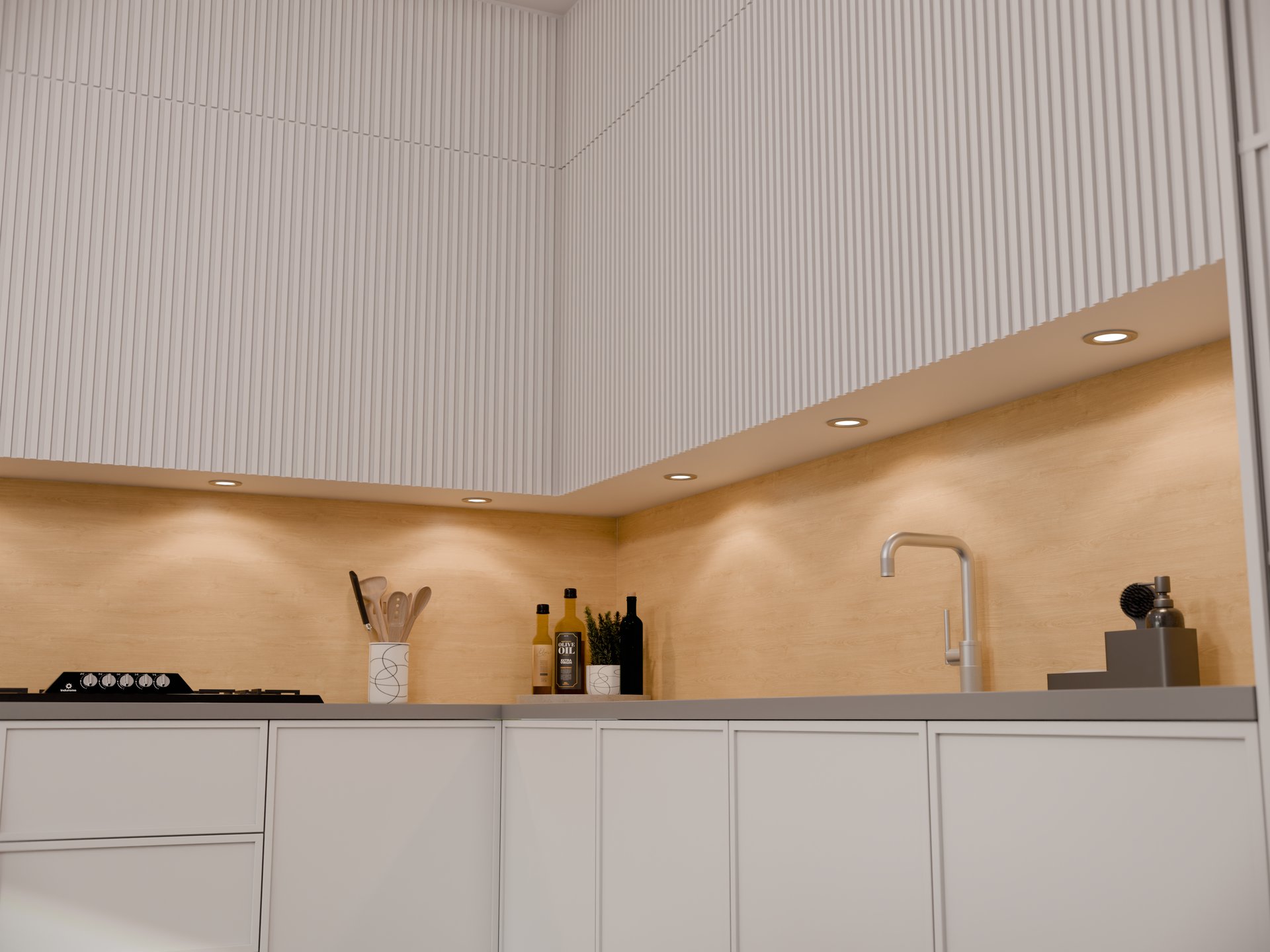 Cuisine avec plan de travail stratifié sur mesure Sofema et évier intégré